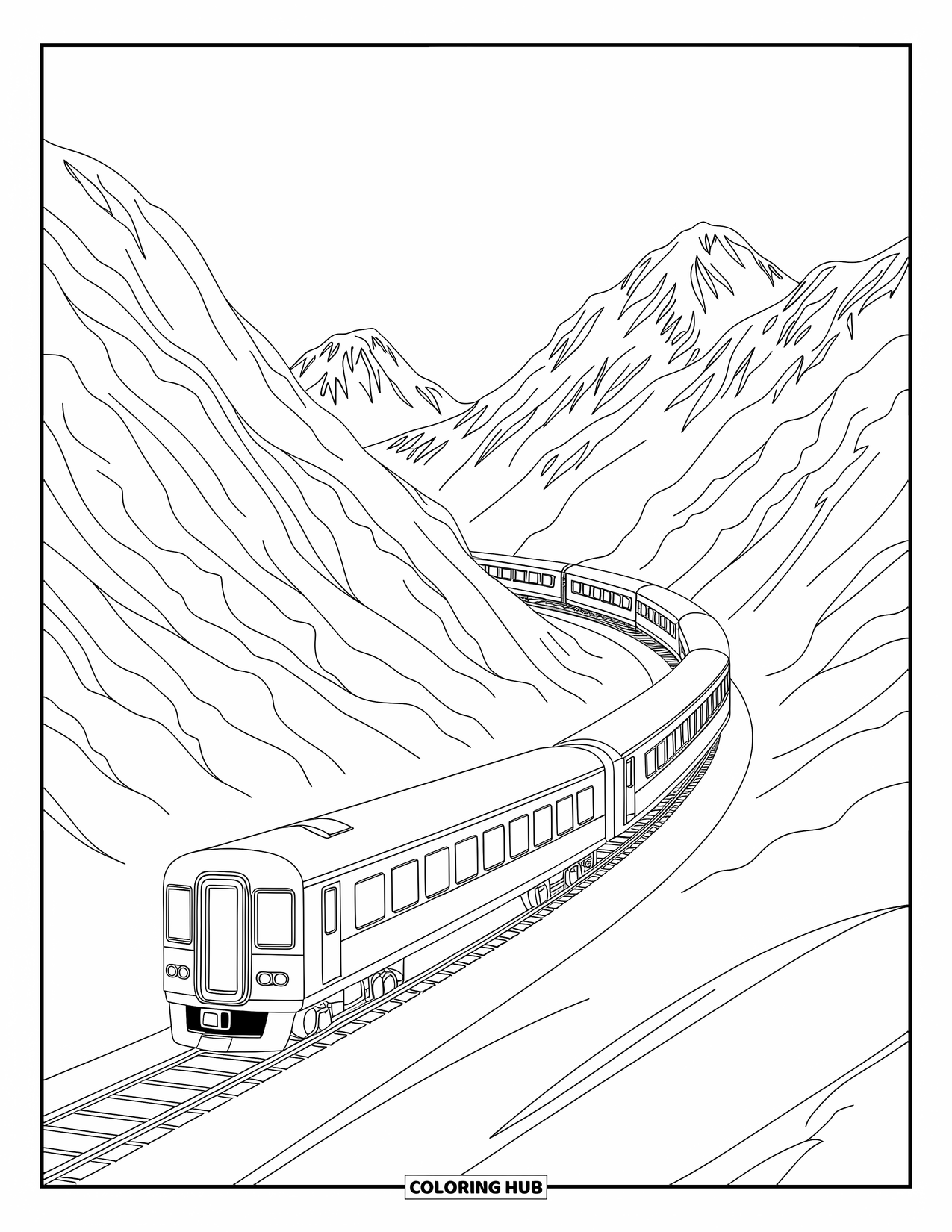 Trein kleurplaat voor volwassenen: Een trein rijdt door met sneeuw bedekte bergen, omringd door wervelende decoratieve details