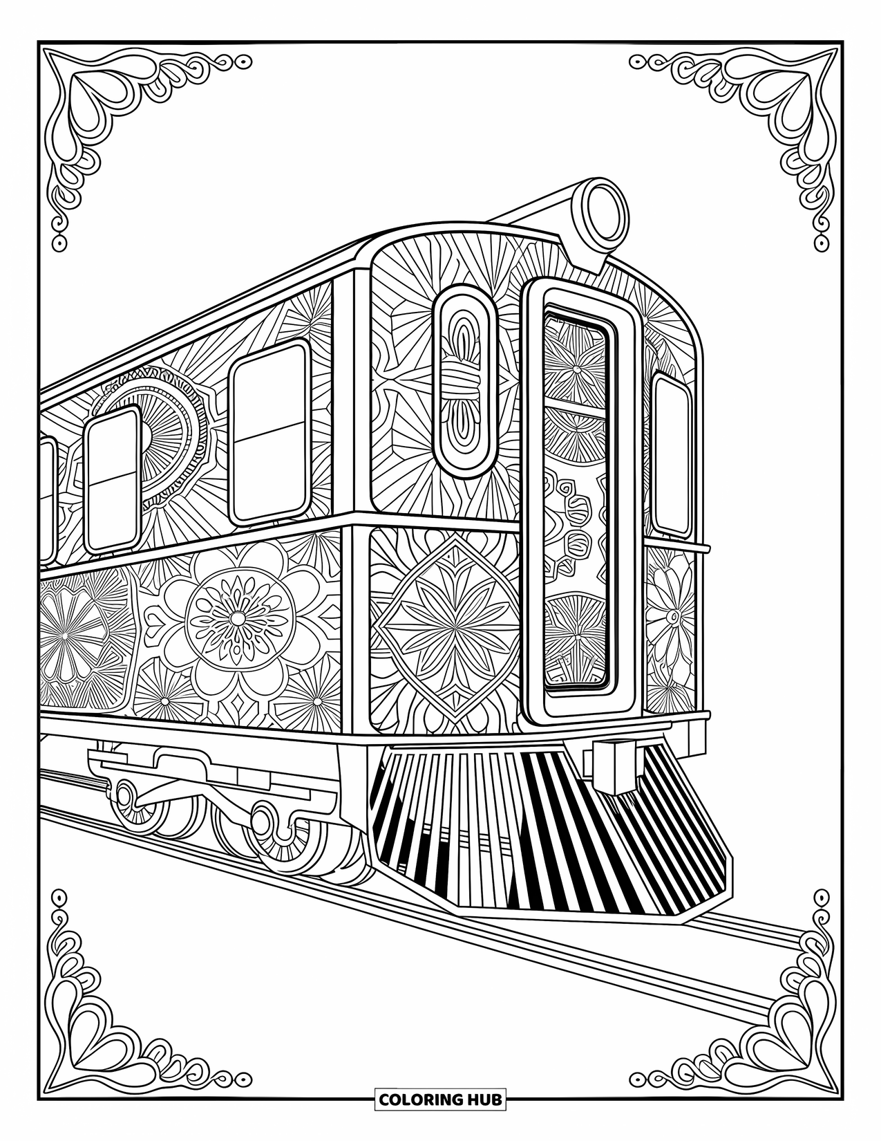 Trein kleurplaat voor volwassenen: Een trein met sierlijke bloemen- en geometrische patronen biedt een ontspannend, ingewikkeld ontwerp