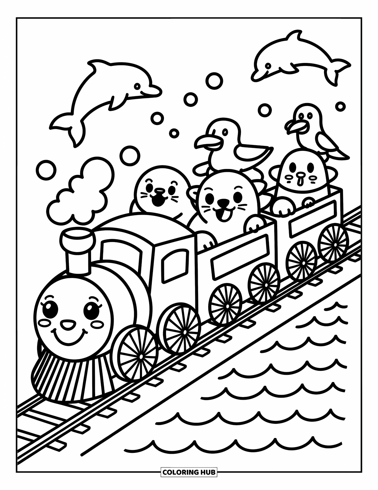 Trein Kleurplaat voor Volwassenen: Een trein met schelpwielen reist langs dolfijnen en vervoert vrolijke zeedieren