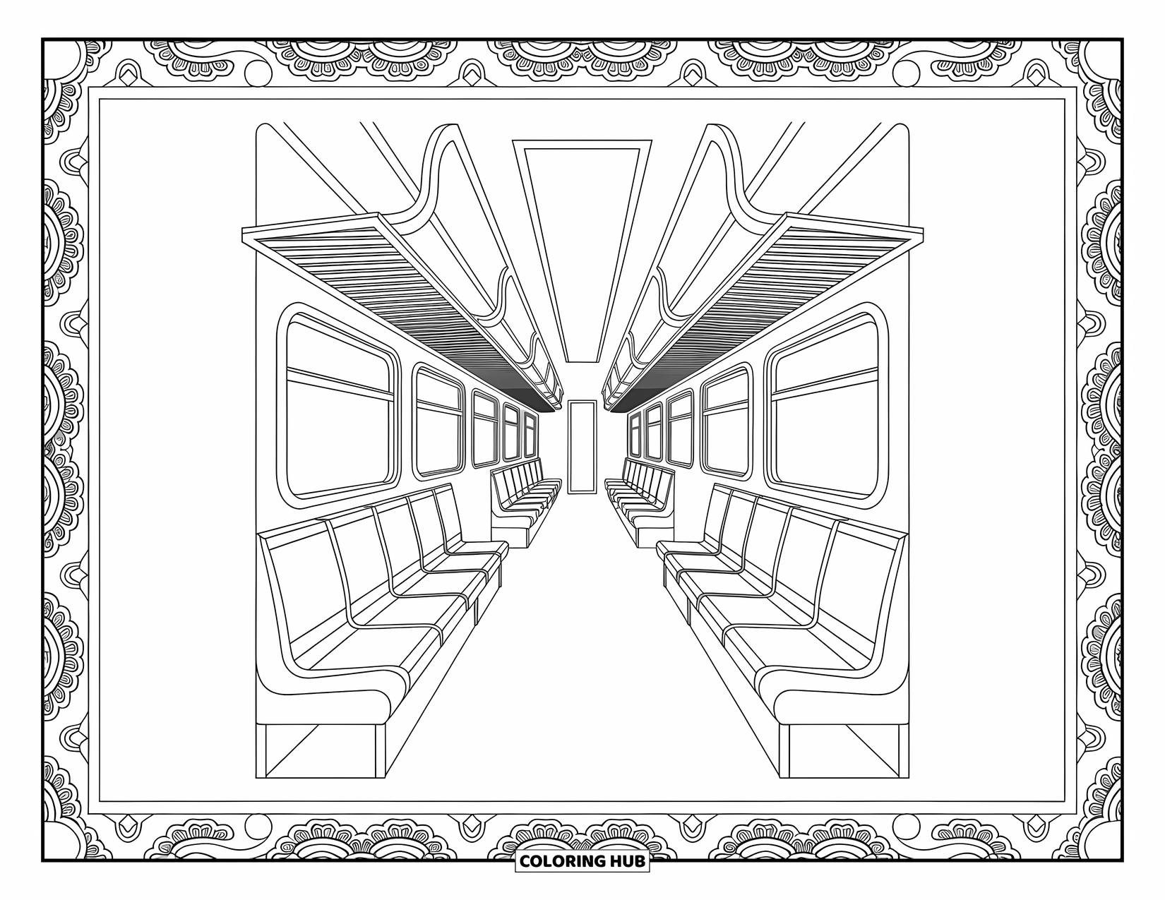Trein kleurplaat voor volwassenen: Een vintage treininterieur met sierlijke details en artistieke patronen nodigt uit tot ontspanning