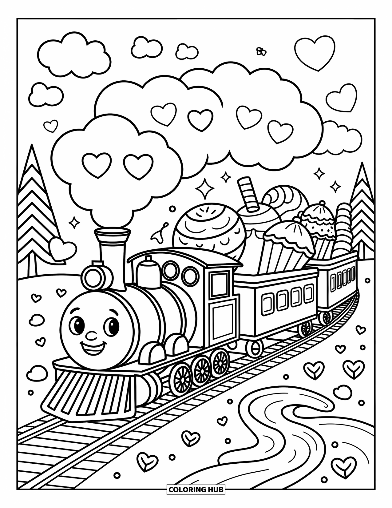 Trein Kleurplaat voor Volwassenen: Een grillige snoeptrein reist door een suikerzoete wereld van cupcakes en lolly's