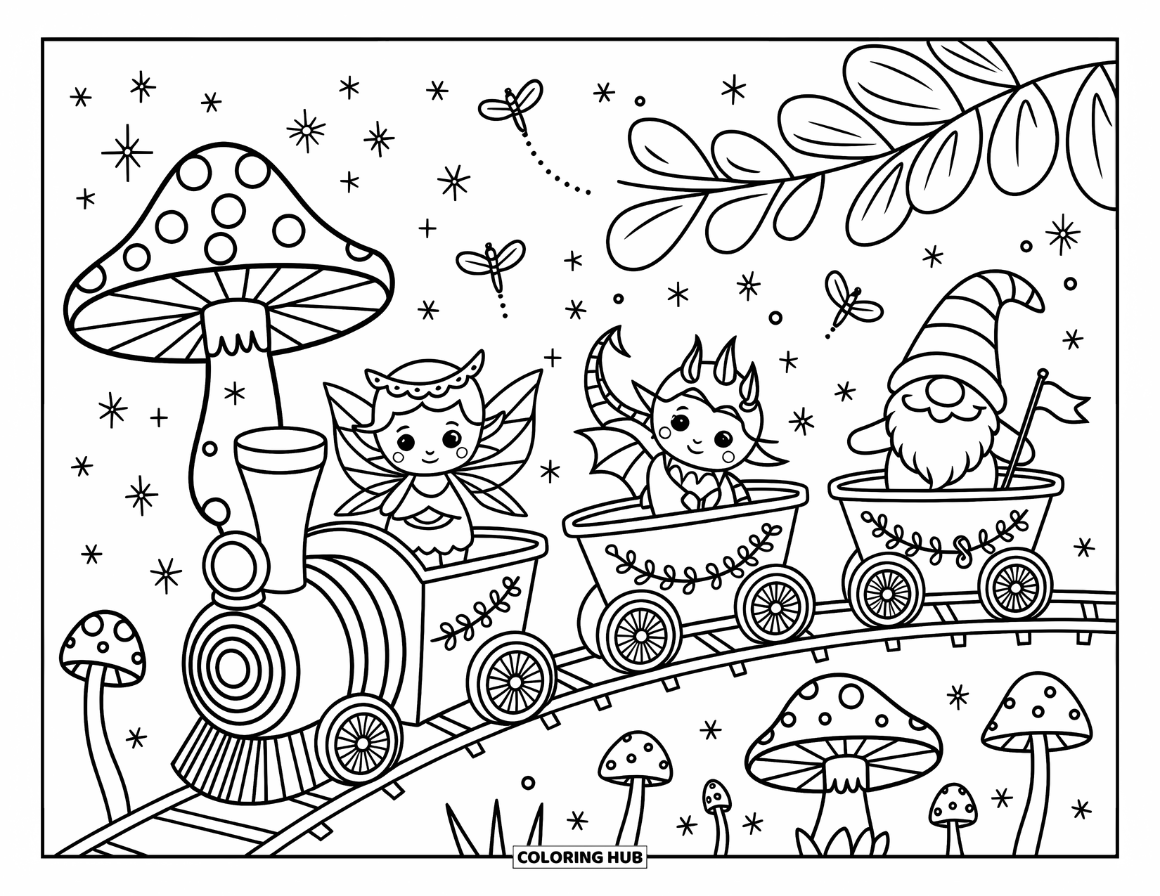 Trein Kleurplaat voor Volwassenen: Een grillige trein met paddenstoelen en klimop vervoert magische wezens door een sprookjesland