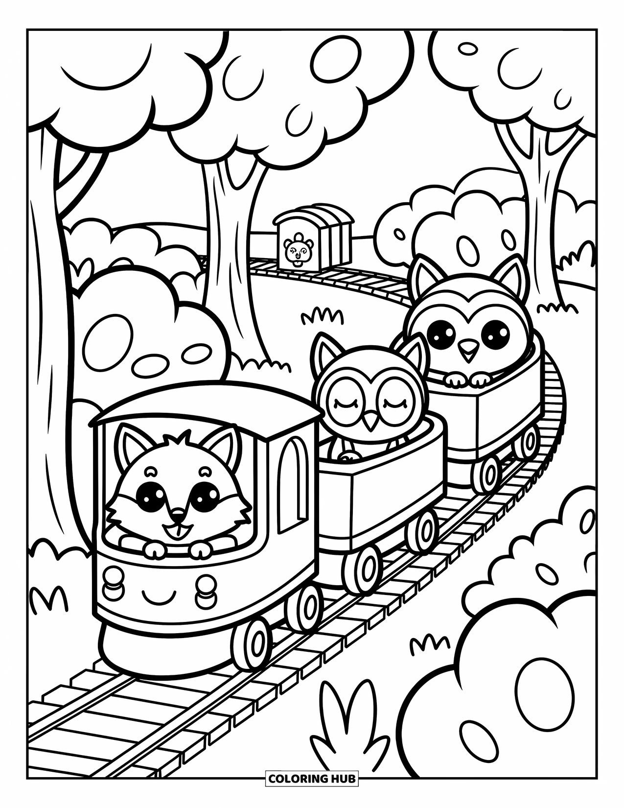 Trein Kleurplaat voor Volwassenen: Een bostrein reist onder pluizige bomen en vervoert kleine dierenvriendjes