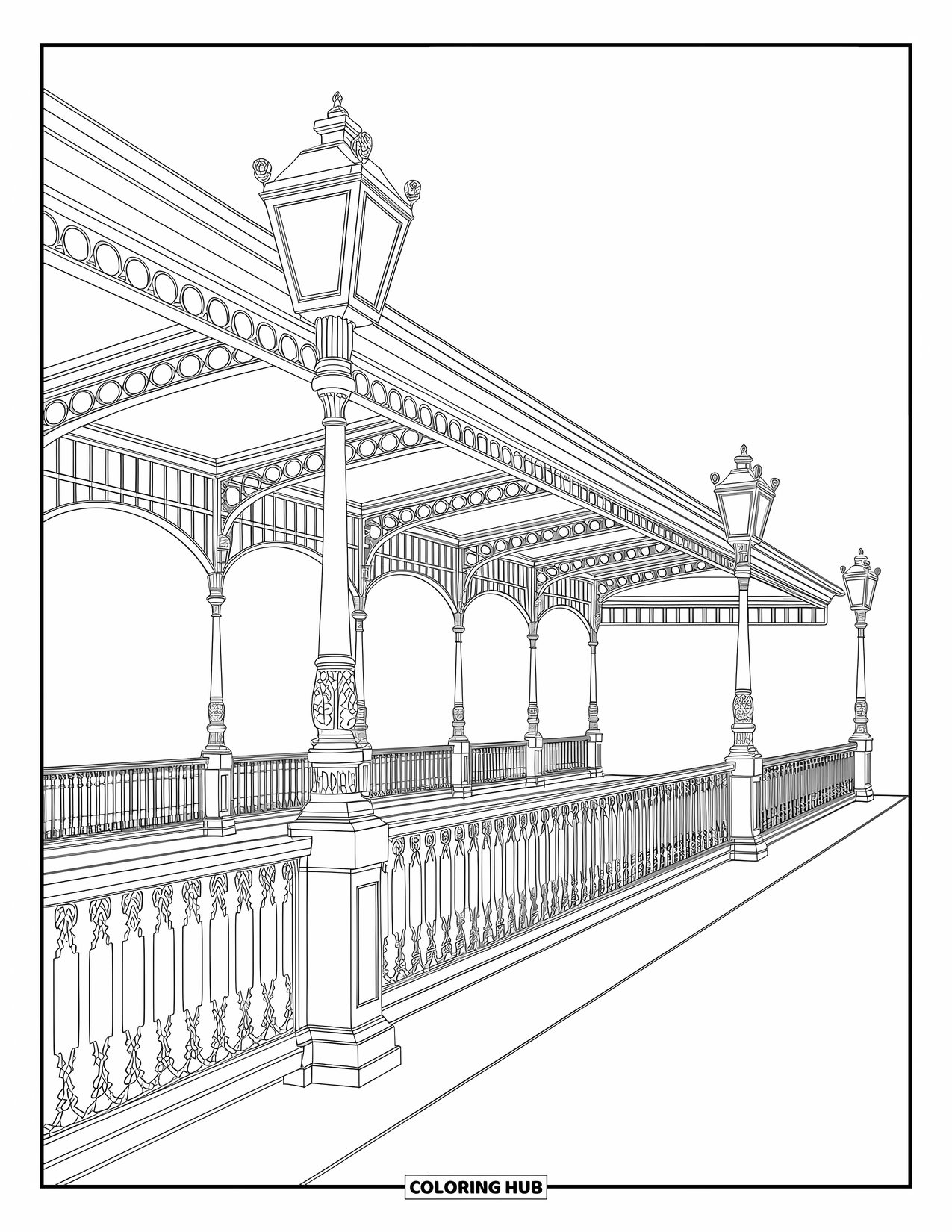 Trein kleurplaat voor volwassenen: Een sierlijk treinstation met elegante leuningen, antieke lampen en ingewikkelde achtergronden