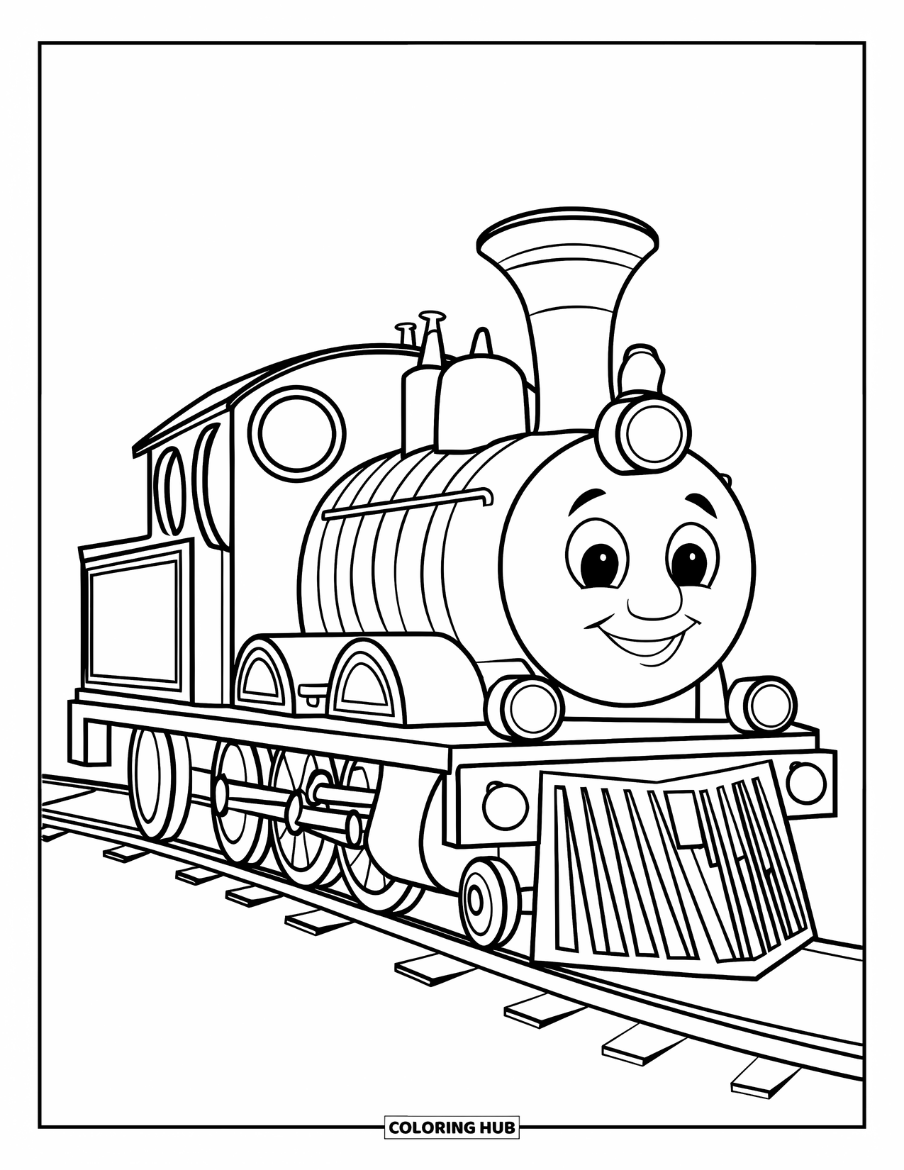 Trein Kleurplaat voor Kinderen: Een eenvoudige trein met een afgerond ontwerp rolt zachtjes over een gebogen spoorlijn