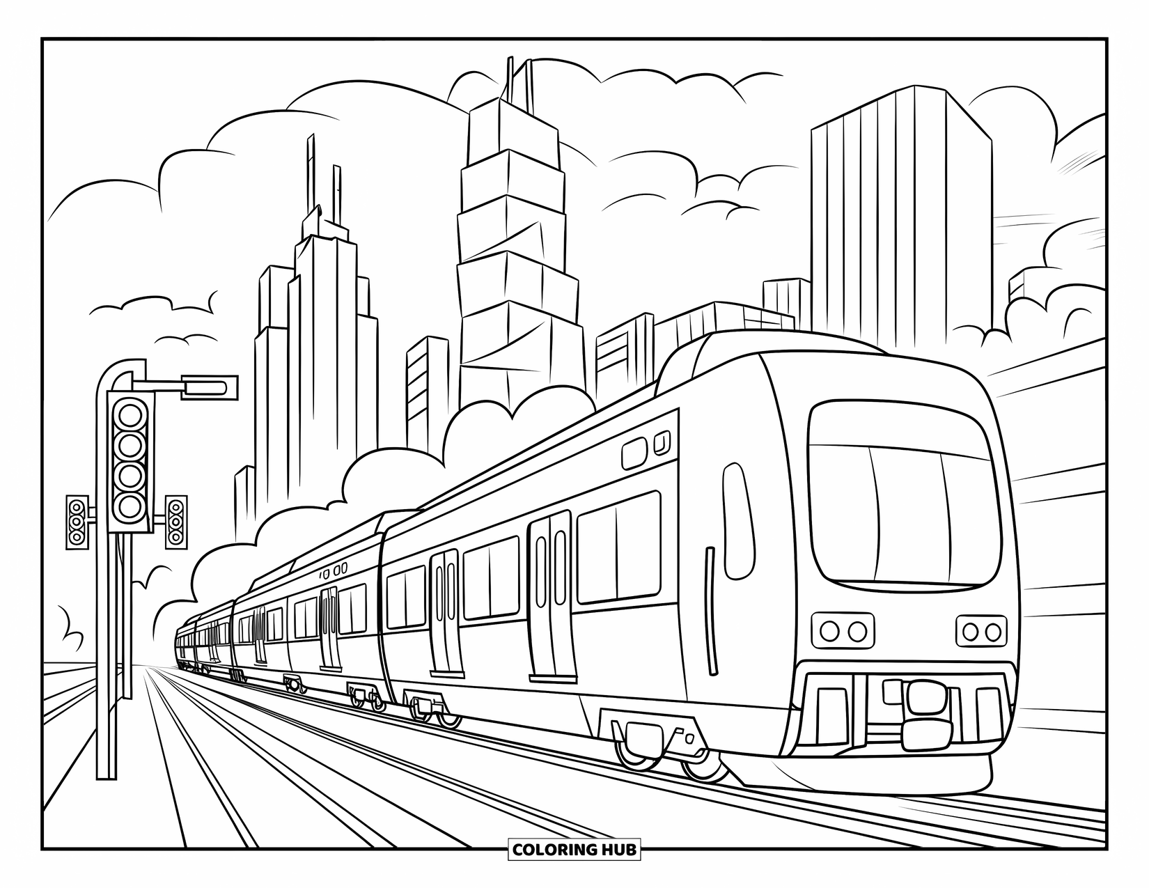 Trein Kleurplaat voor Kinderen: Een bruisende stadstrein met meerdere wagons beweegt door een stedelijk landschap van wolkenkrabbers en bomen