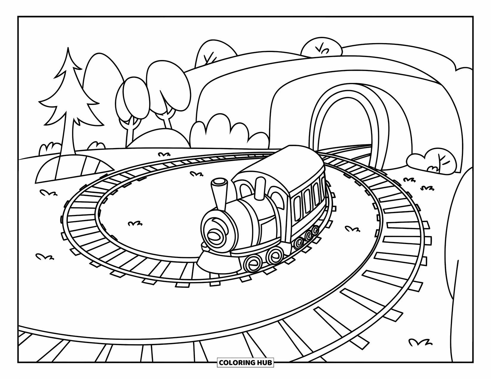 Trein Kleurplaat voor Kinderen: Een vrolijk treintje beweegt over een cirkelvormig spoor omringd door bomen en een tunnelingang