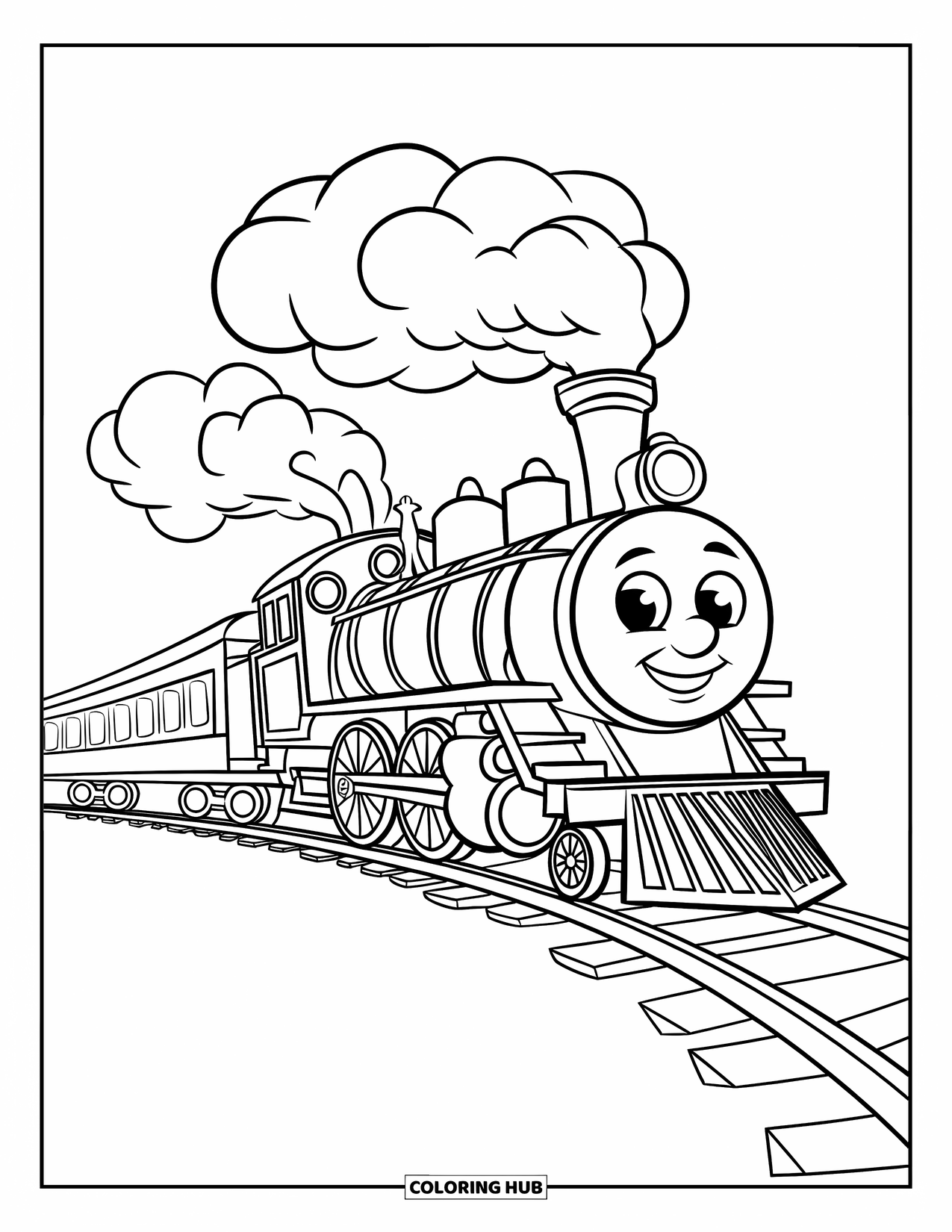 Trein Kleurplaat voor Kinderen: Een vrolijk treintje met grote wielen blaast rook terwijl hij over een gebogen spoor tuft