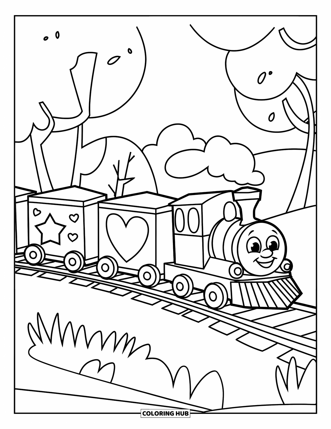 Trein Kleurplaat voor Kinderen: Een vrolijke speelgoedtrein met uniek ontworpen wagons beweegt over een spoor in een eenvoudig landschap