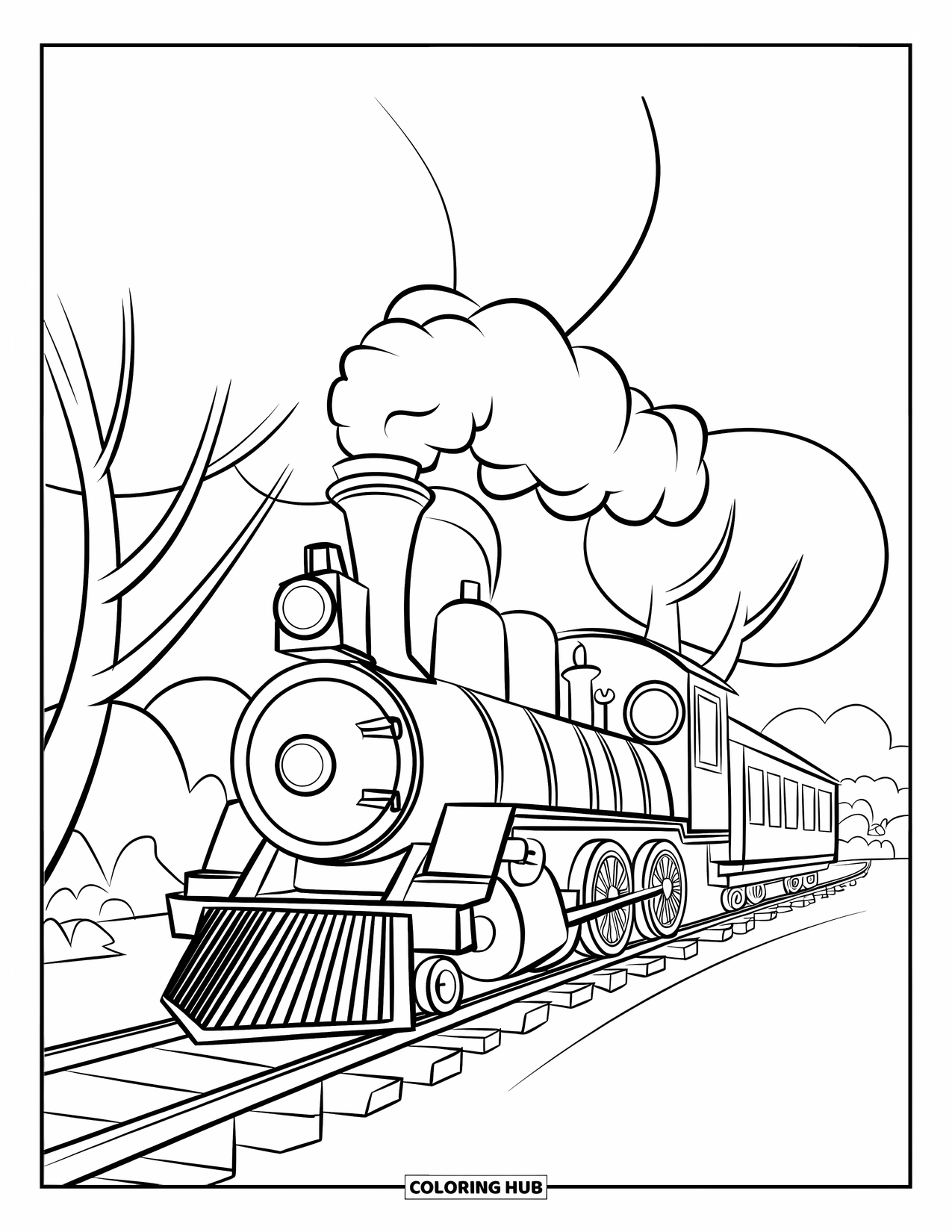 Trein Kleurplaat voor Kinderen: Een mollige stoomtrein met extra grote wielen blaast een enkele wolk terwijl hij over de rails rolt