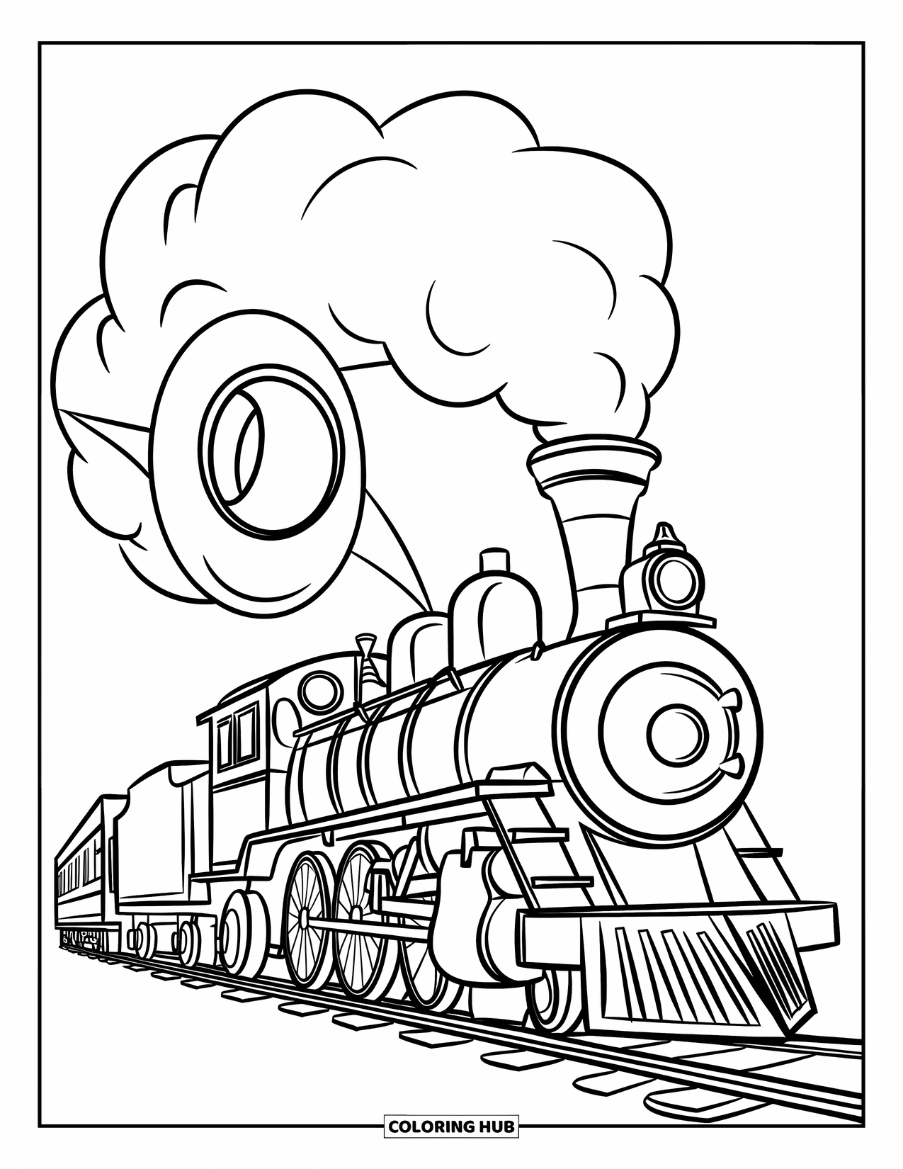 Trein Kleurplaat voor Kinderen: Een stevige stoomtrein met reusachtige wielen en een rookwolk beweegt over een schilderachtig spoor