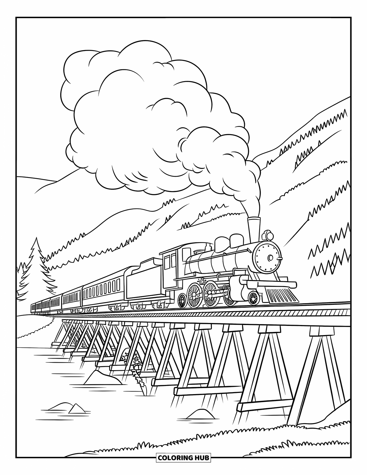 Trein Kleurplaat voor Kinderen: Een klassieke locomotief stoomt over een lange houten brug over water, omlijst door bomen en heuvels