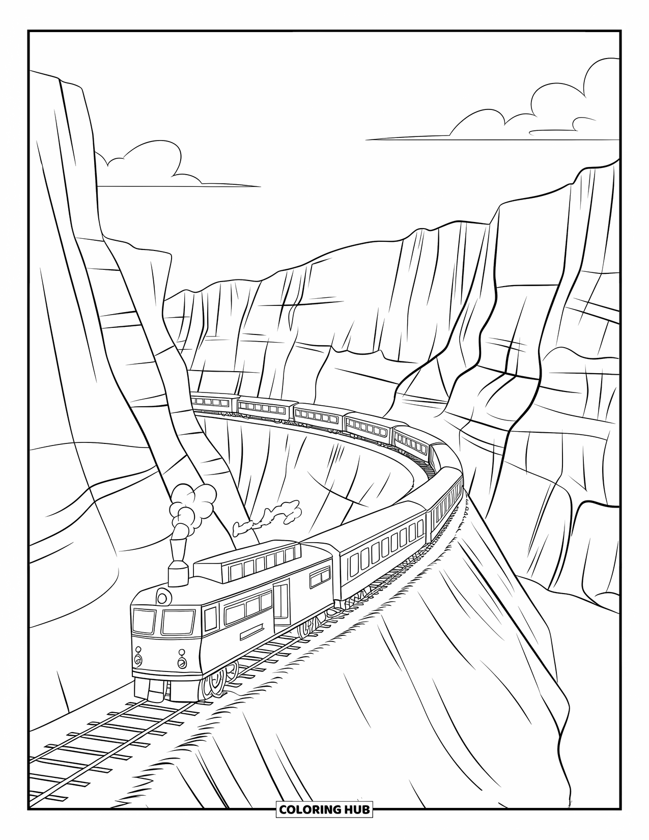 Trein Kleurplaat voor Kinderen: Een klassieke trein slingert door een diepe kloof en passeert gelaagde rotsformaties en torenhoge kliffen