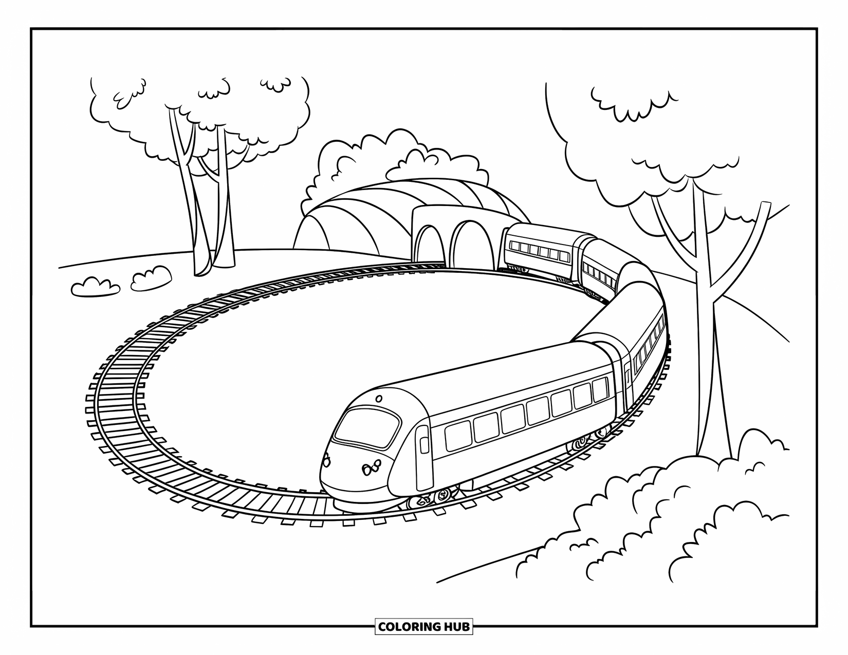 Trein Kleurplaat voor Kinderen: Een schattige trein rijdt in een lus rond een cirkelvormig spoor en passeert onderweg bomen en een tunnel