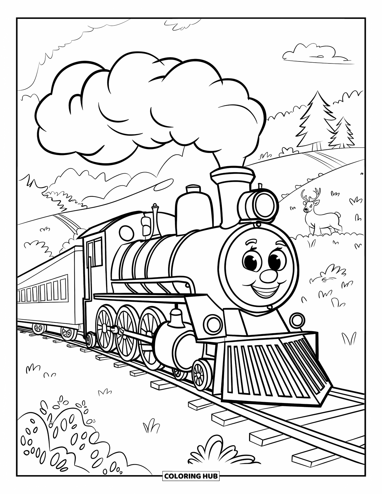 Trein Kleurplaat voor Kinderen: Een schattige trein met overdreven wielen en een klein fluitje rolt door een vrolijk landschap