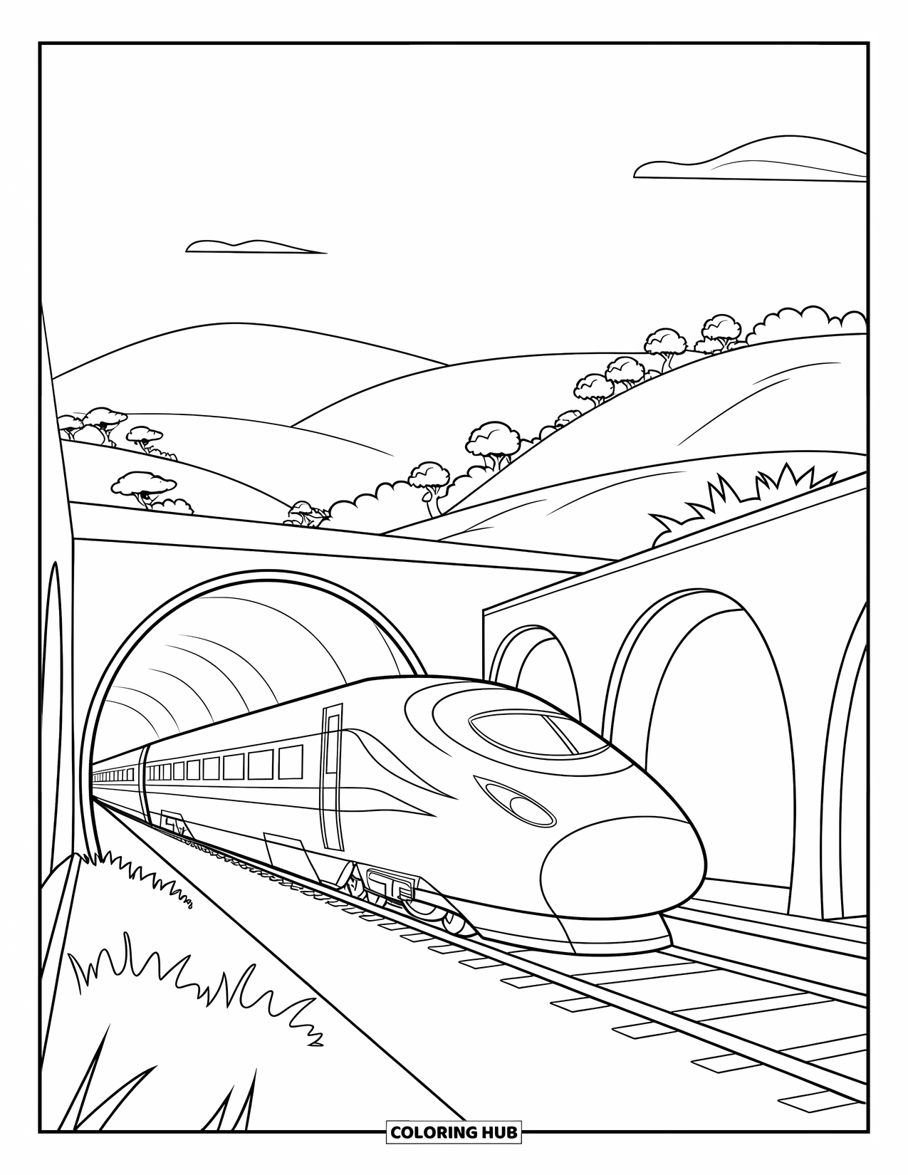 Trein Kleurplaat voor Kinderen: Een futuristische trein zoeft door een tunnelingang, omringd door groene heuvels en kronkelende sporen