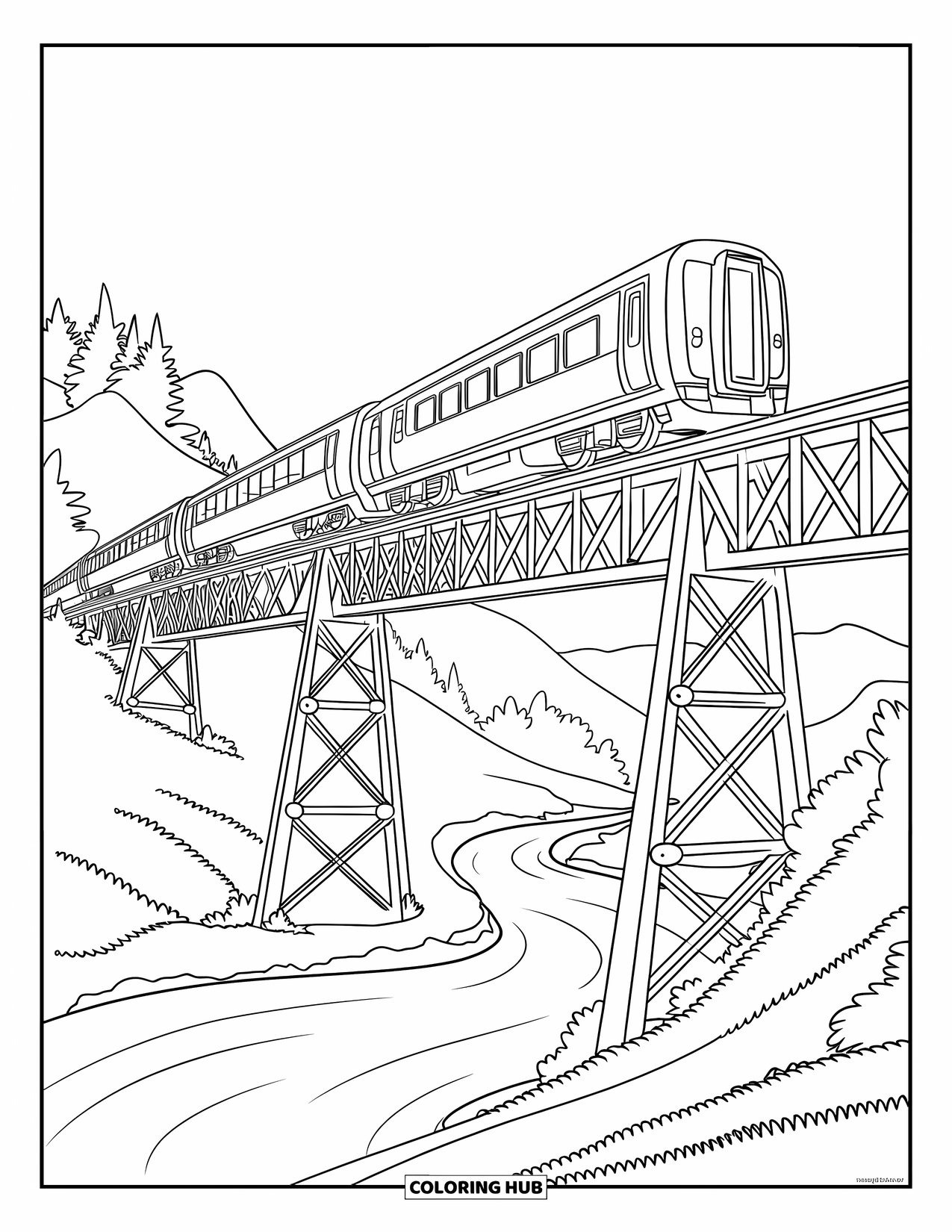 Trein Kleurplaat voor Kinderen: Een grote trein reist over een hoge stalen brug en doorkruist een landschap van bergen en bomen