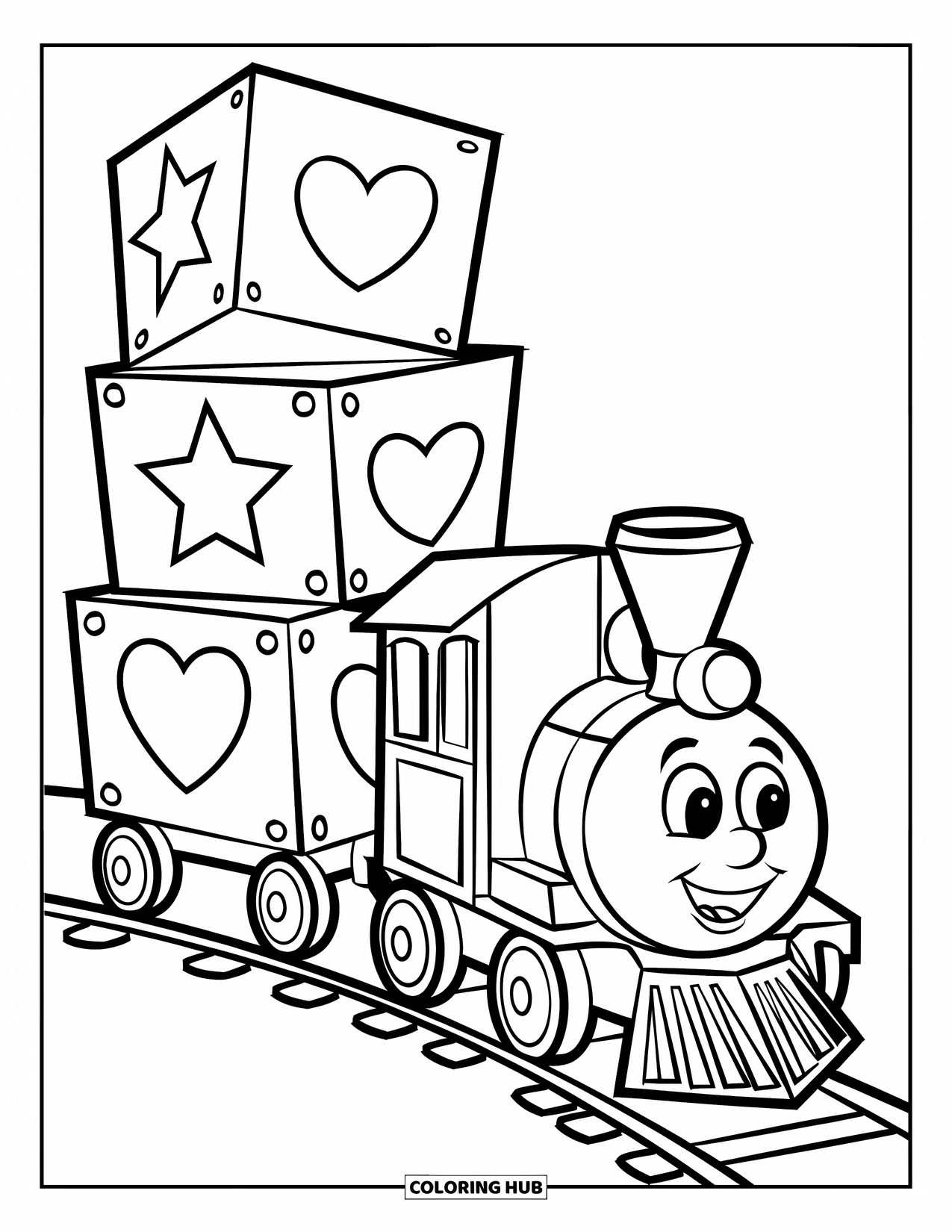 Trein Kleurplaat voor Kinderen: Een vrolijk treintje trekt kleurrijke wagons gevuld met leuke vormen zoals sterren en harten