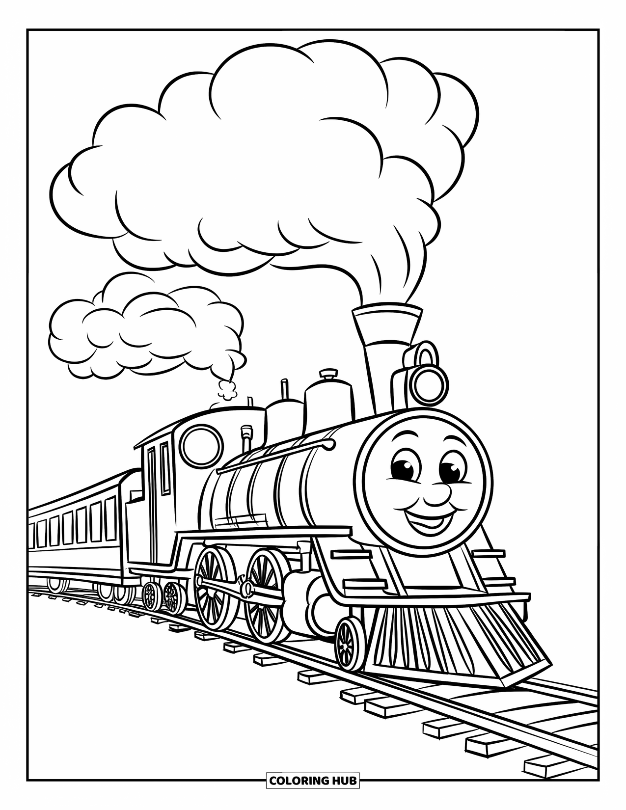 Trein Kleurplaat voor Kinderen: Een vrolijke stoomtrein blaast drie pluizige rookwolken terwijl hij over een eenvoudig spoor rolt