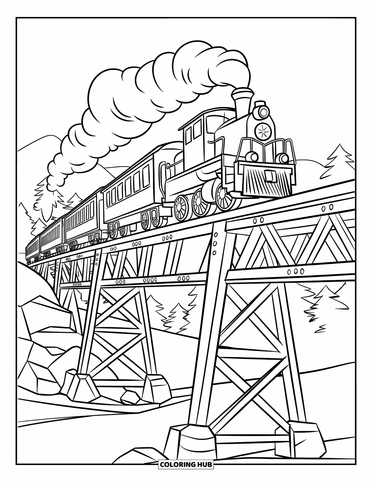 Trein Kleurplaat voor Kinderen: Een locomotief stoomt over een torenhoge metalen brug, omringd door glooiende bergen en bomen