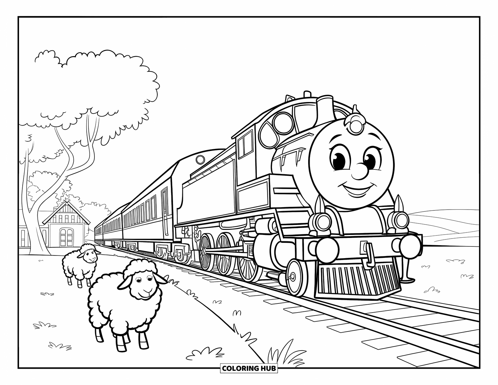 Trein Kleurplaat voor Kinderen: Een locomotief met een gedurfde, ronde neus rolt door het open landschap terwijl pluizige schapen toekijken