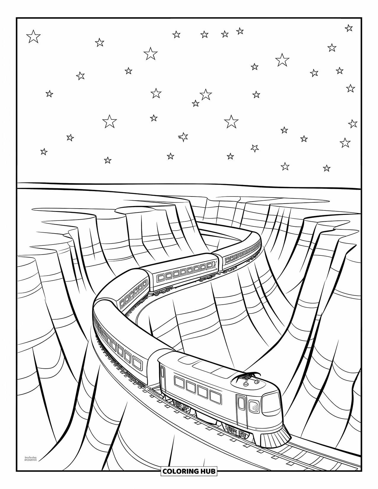 Trein Kleurplaat voor Kinderen: Een lange trein volgt sporen door een rotsachtige kloof en laat een spoor van rook achter zich