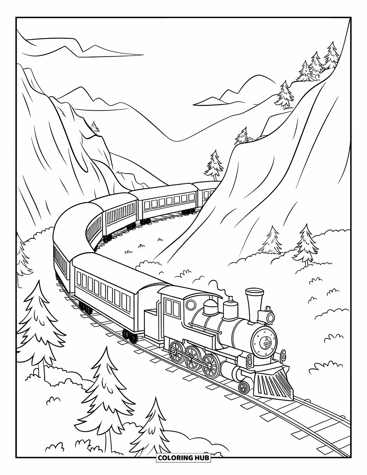 Trein Kleurplaat voor Kinderen: Een lange trein reist over een steile bergroute, slingerend tussen dennenbomen en rotsachtige kliffen