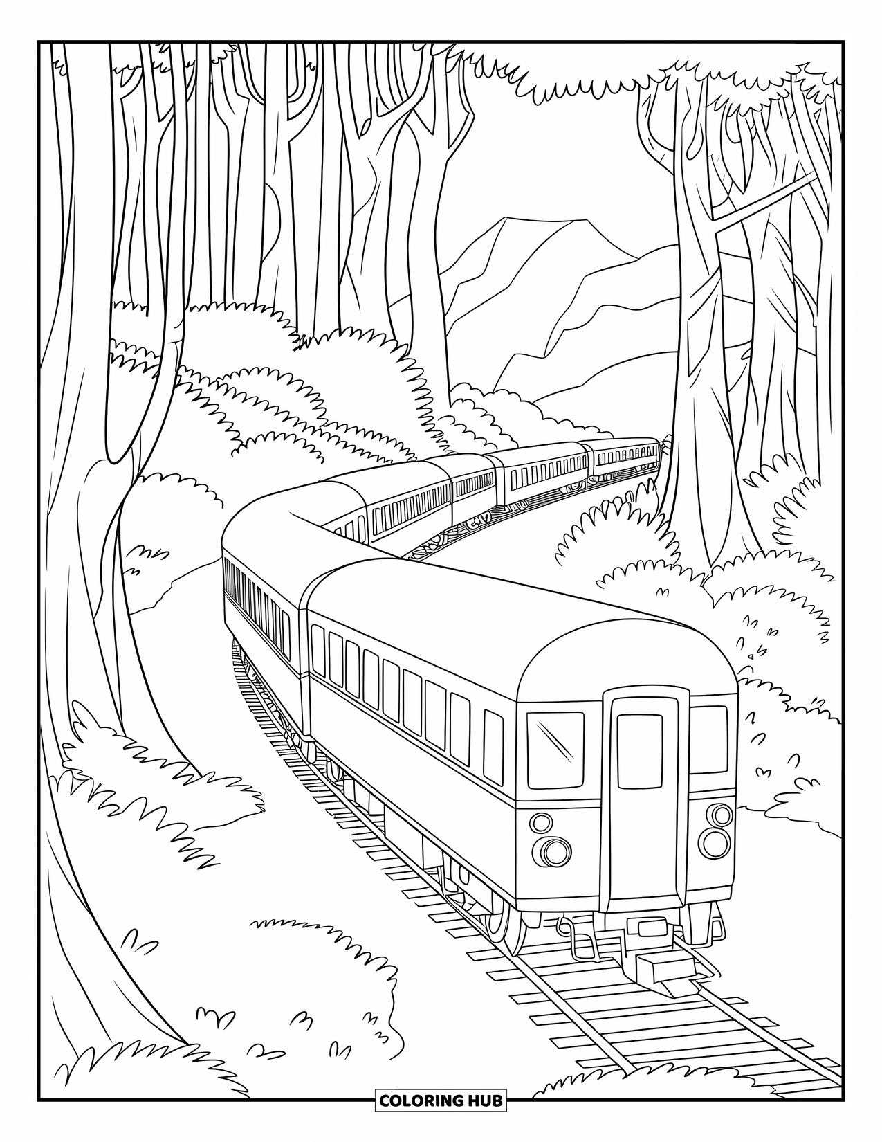 Trein Kleurplaat voor Kinderen: Een lange trein slingert door een dicht bos en passeert torenhoge bomen en weelderig groen