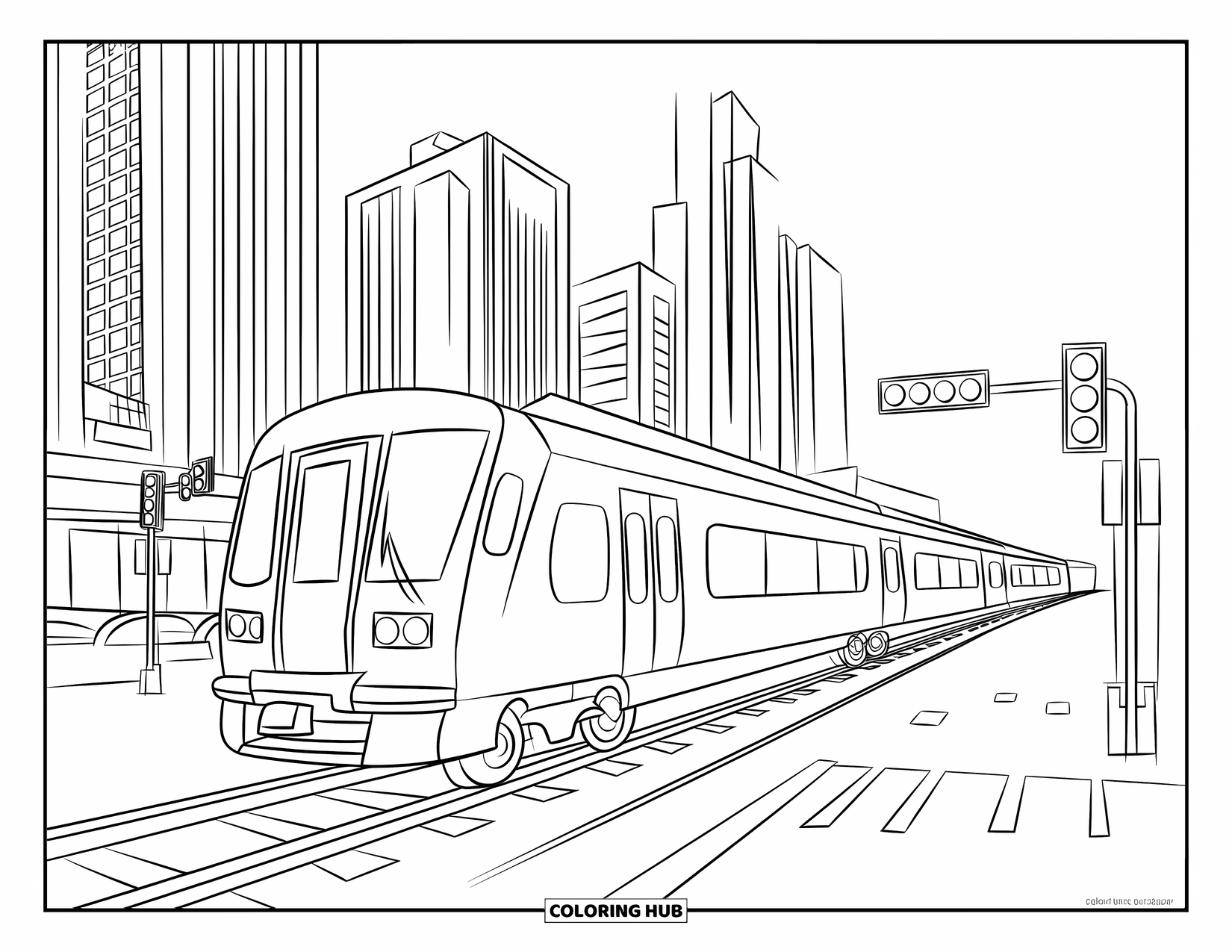 Trein Kleurplaat voor Kinderen: Een moderne stadstrein glijdt langs torenhoge wolkenkrabbers en verkeerslichten in een drukke straat