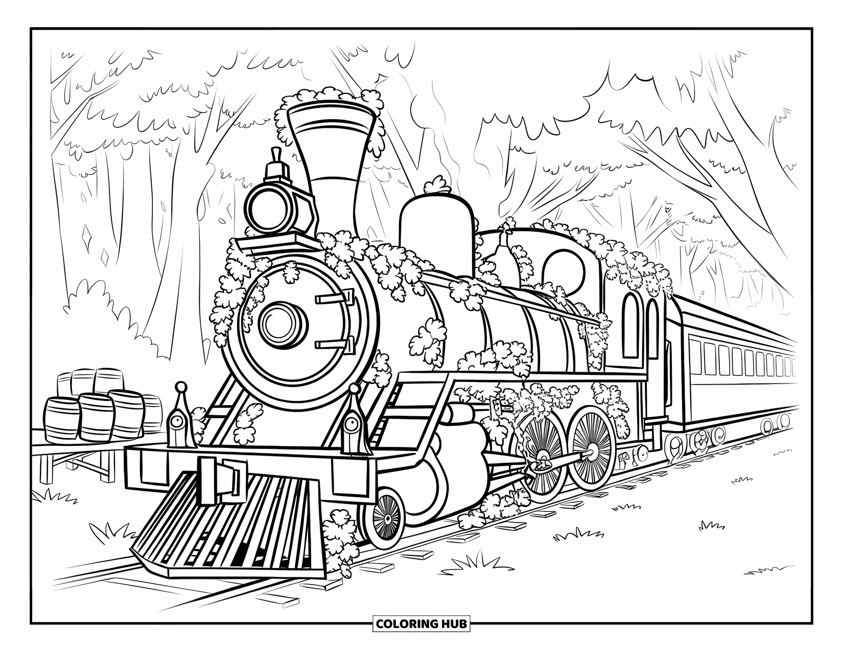 Trein Kleurplaat voor Kinderen: Een mystieke stoomtrein bedekt met klimop rust in de buurt van een houten perron in een dicht bos