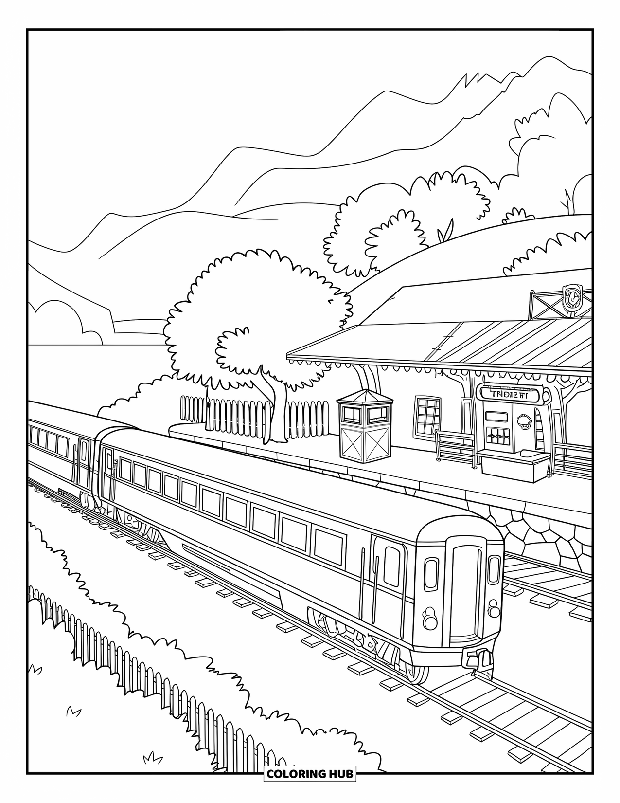 Trein Kleurplaat voor Kinderen: Een passagierstrein rolt langs een schilderachtig treinstation met een perron, wachtruimte en loket
