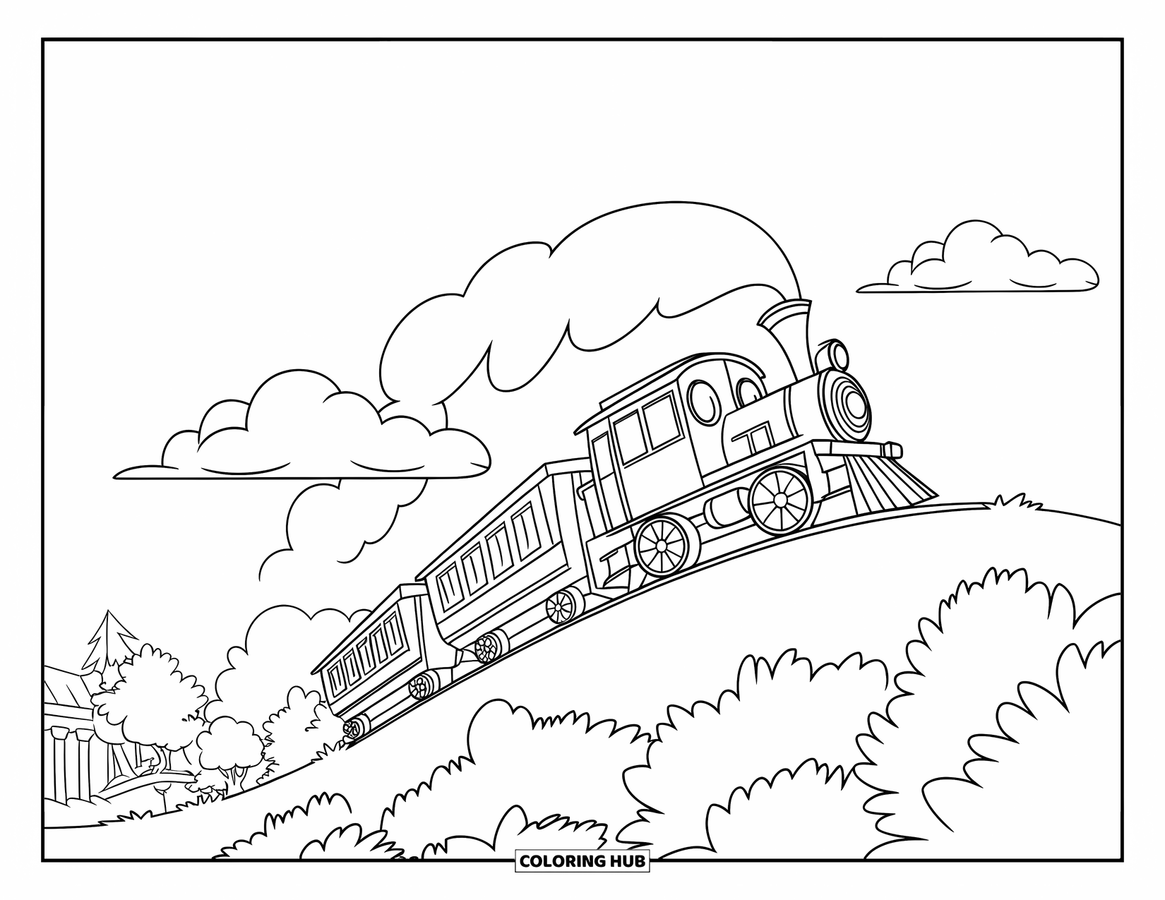 Trein Kleurplaat voor Kinderen: Een speels treintje met een puffende schoorsteen beklimt een klein heuveltje onder een heldere hemel