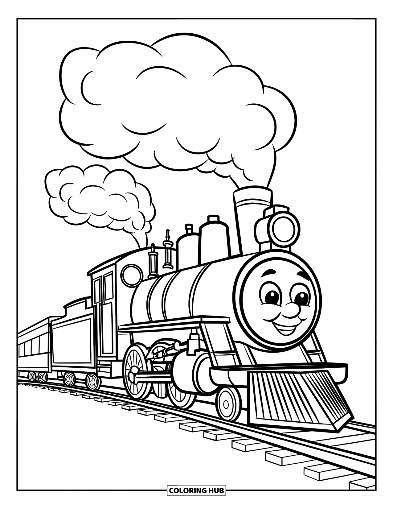 Trein Kleurplaat voor Kinderen: Een speelse stoomtrein met gedurfde contouren en achterblijvende rookwolken beweegt over zijn sporen