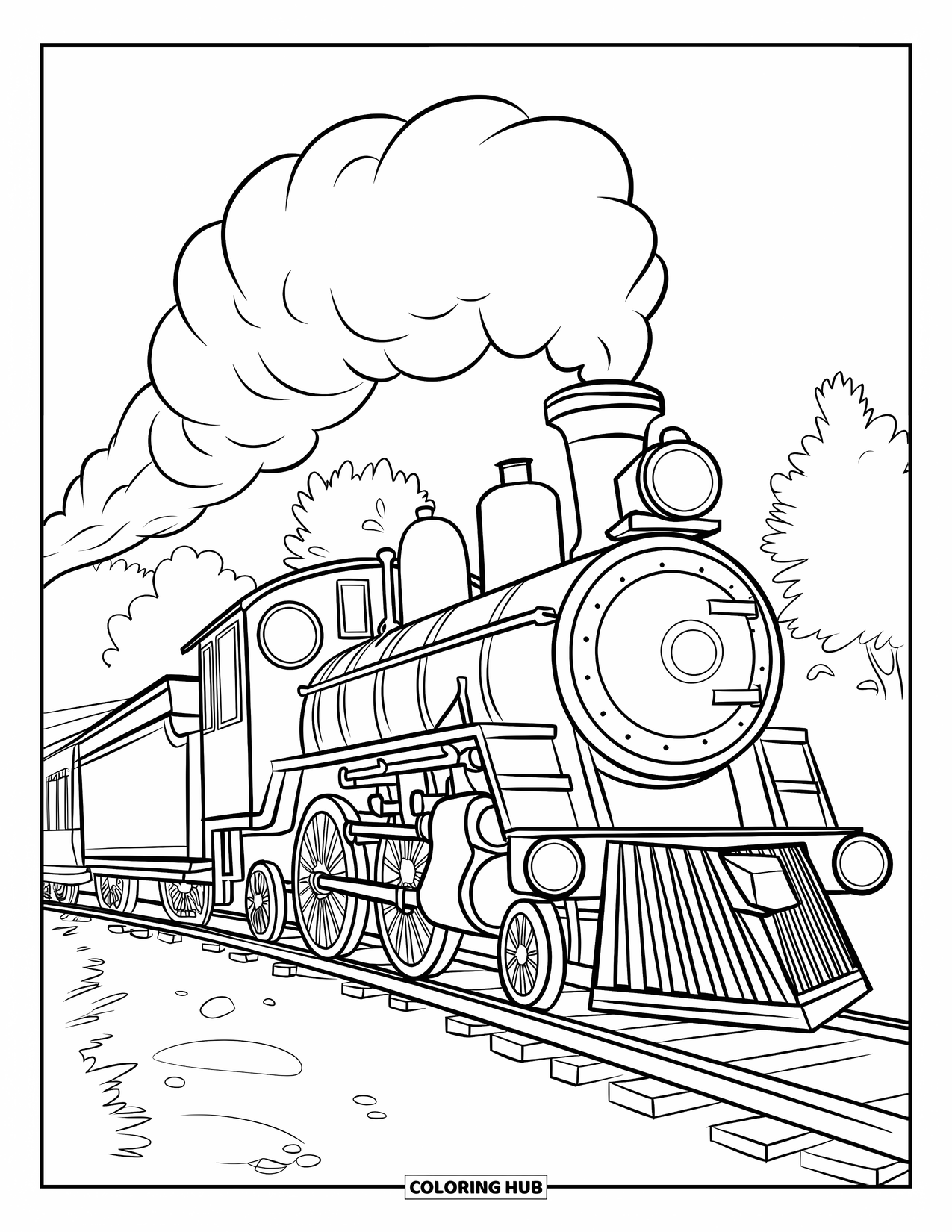 Trein Kleurplaat voor Kinderen: Een speelse trein met een ronde schoorsteen stoomt langs bomen en een houten brug