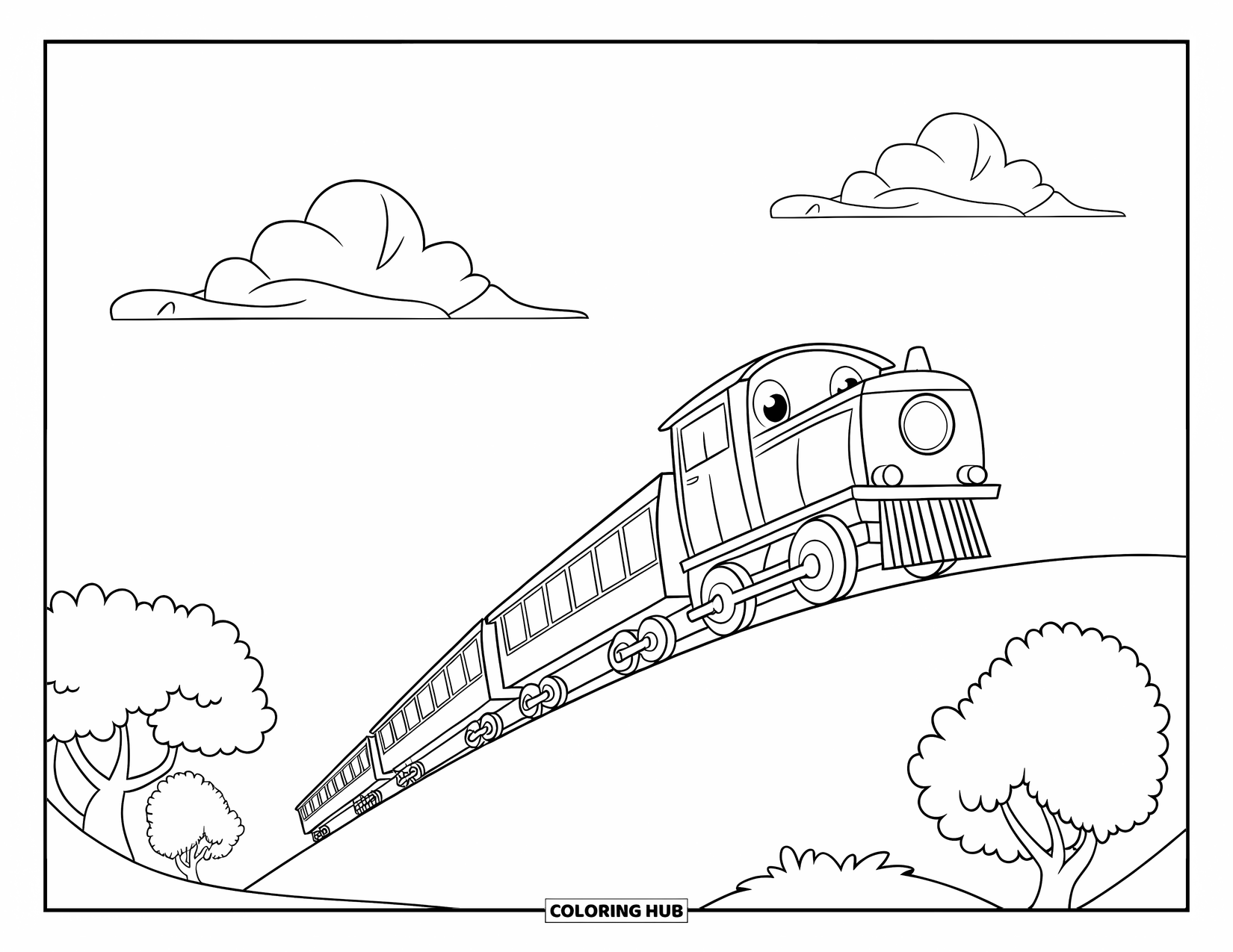 Trein Kleurplaat voor Kinderen: Een korte trein trekt een paar wagons een kleine heuvel op, omlijst door bomen en drijvende wolken