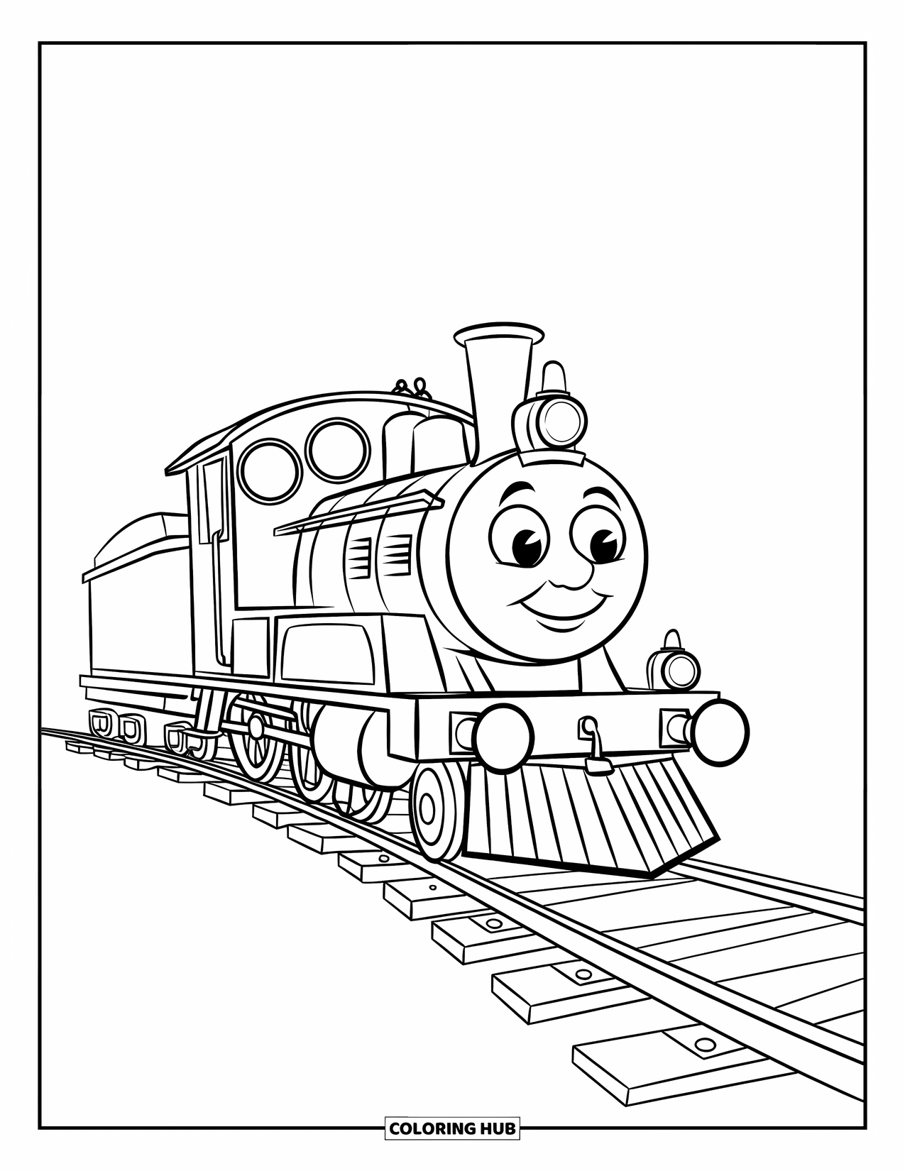 Trein Kleurplaat voor Kinderen: Een eenvoudige locomotief met een korte schoorsteen en ronde ramen volgt een soepel gebogen spoor