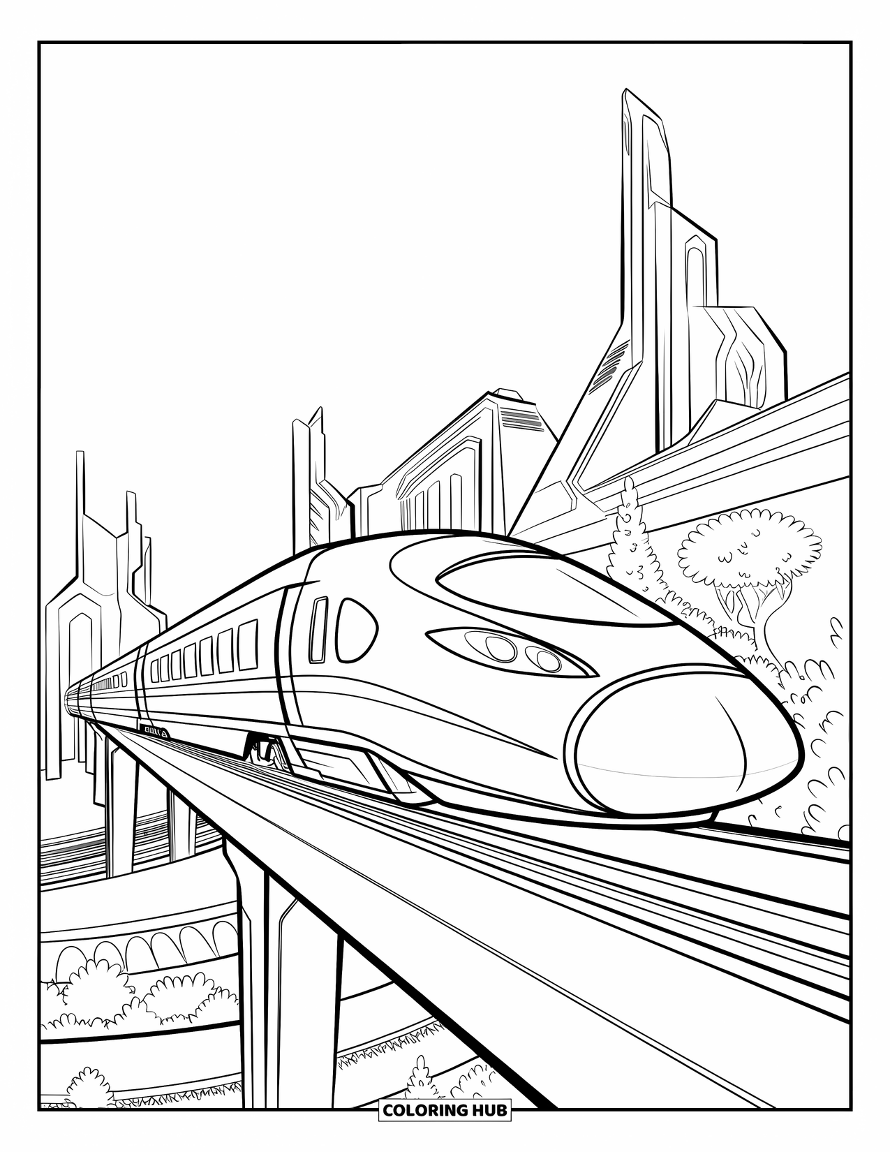 Trein Kleurplaat voor Kinderen: Een slanke hogesnelheidstrein raast over een stalen spoor en passeert futuristische gebouwen en groene ruimtes
