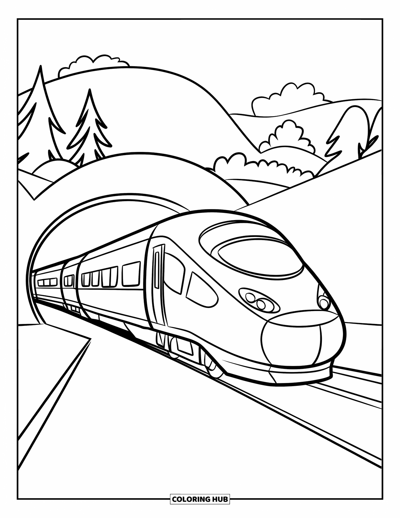 Trein Kleurplaat voor Kinderen: Een slanke hogesnelheidstrein raast door een gebogen tunnel en laat het open landschap achter zich