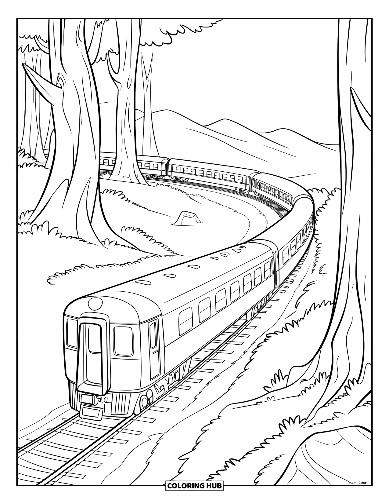 Trein Kleurplaat voor Kinderen: Een slanke trein beweegt over gebogen sporen en slingert door een uitgestrekt bos van hoge bomen