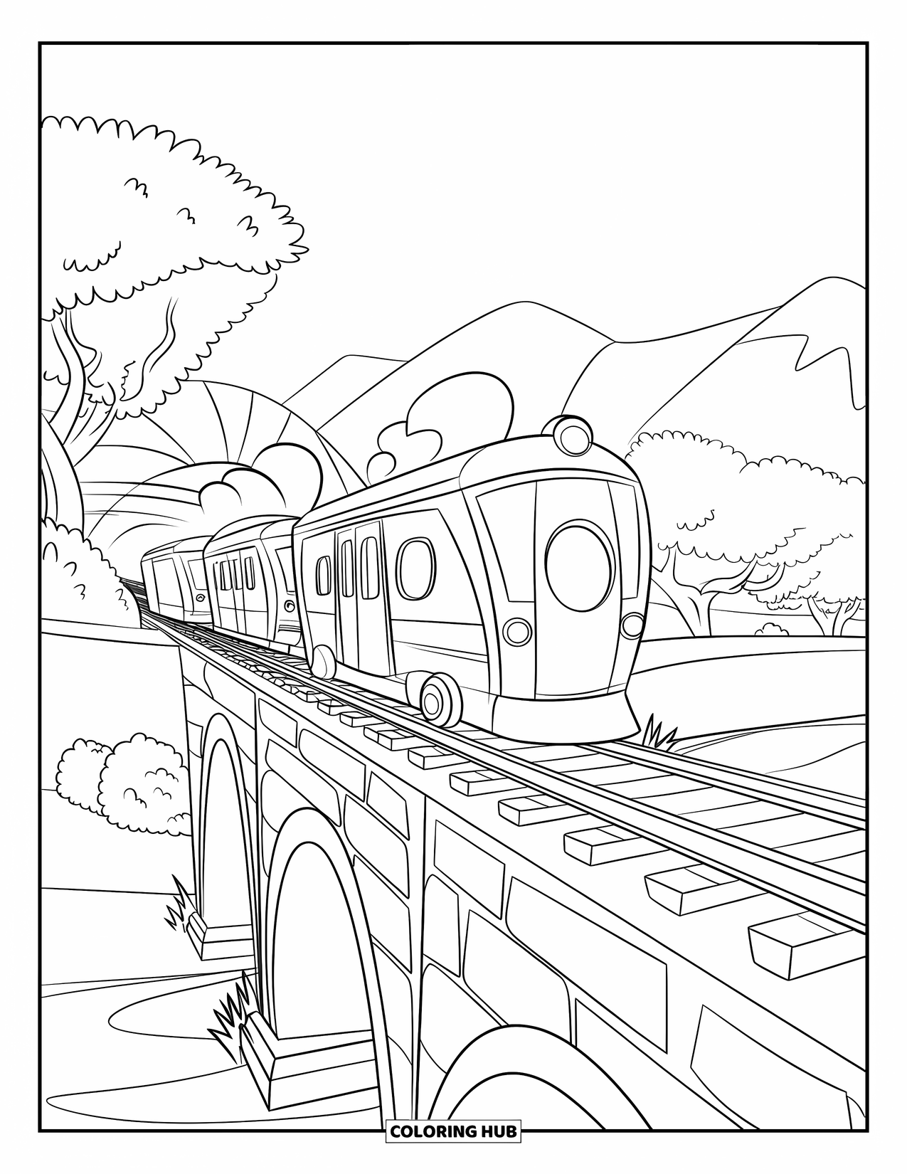 Trein Kleurplaat voor Kinderen: Een kleine trein steekt een stevige spoorbrug over met decoratieve leuningen over een schilderachtig landschap
