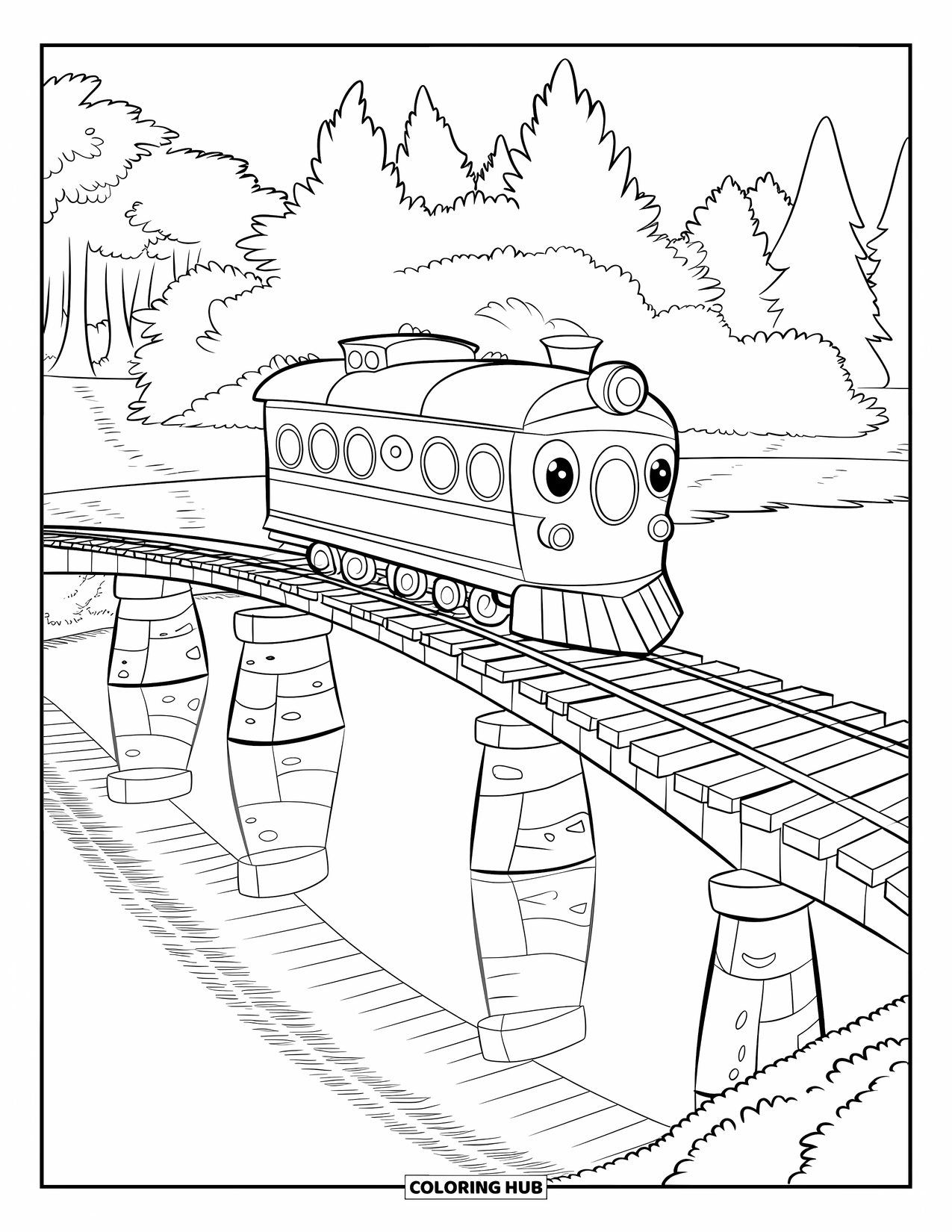 Trein Kleurplaat voor Kinderen: Een kleine trein met een lachend gezicht reist over een houten brug, zijn reflectie glinsterend in het water