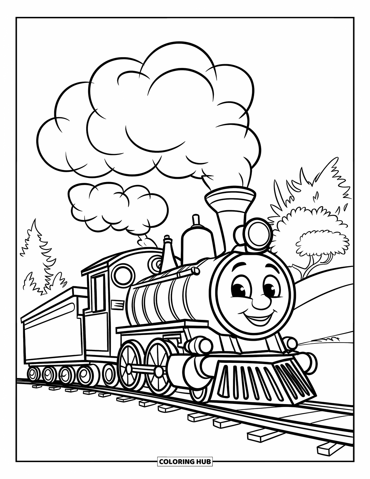 Trein Kleurplaat voor Kinderen: Een lachende stoomtrein met grote wielen en pluizige rookwolken beweegt voorwaarts op zijn reis