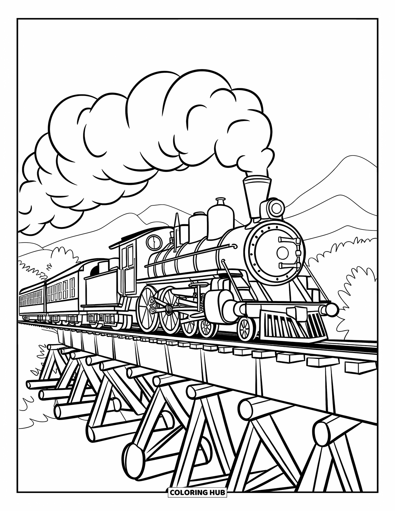 Trein Kleurplaat voor Kinderen: Een stoomlocomotief blaast rook terwijl hij een lange houten brug over een schilderachtig landschap oversteekt