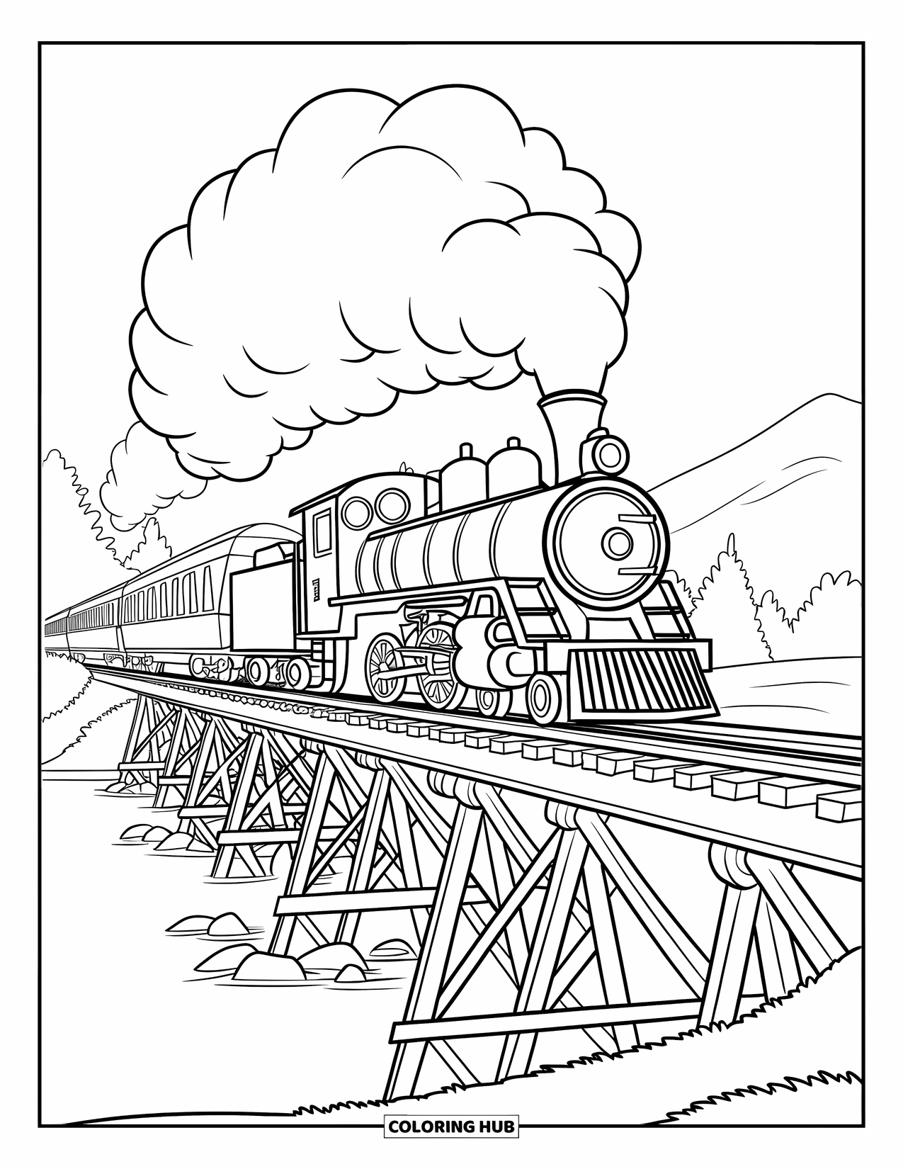 Trein Kleurplaat voor Kinderen: Een stoomtrein tuft over een houten brug die een kalm meer overspant met bergen op de achtergrond
