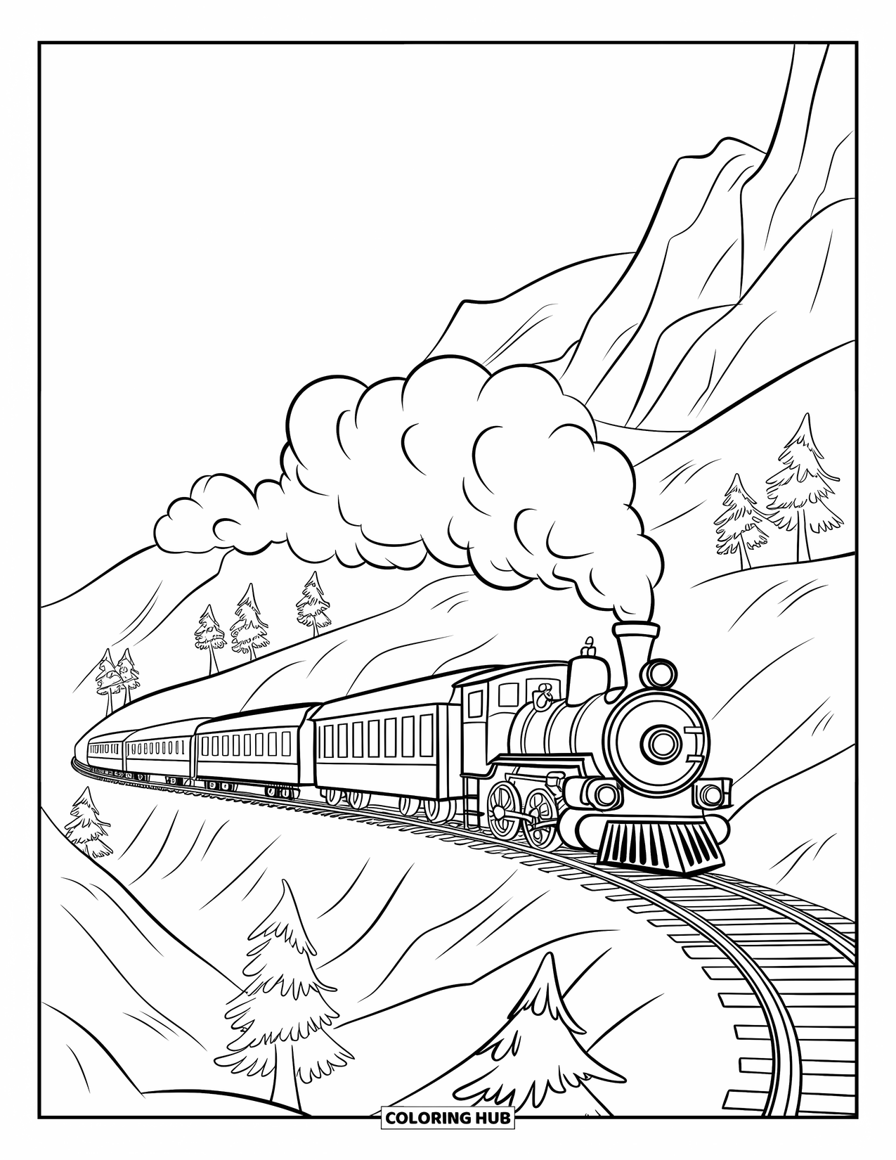 Trein Kleurplaat voor Kinderen: Een stoomtrein slingert over een smal bergpad omzoomd met torenhoge dennen en grillige rotsen