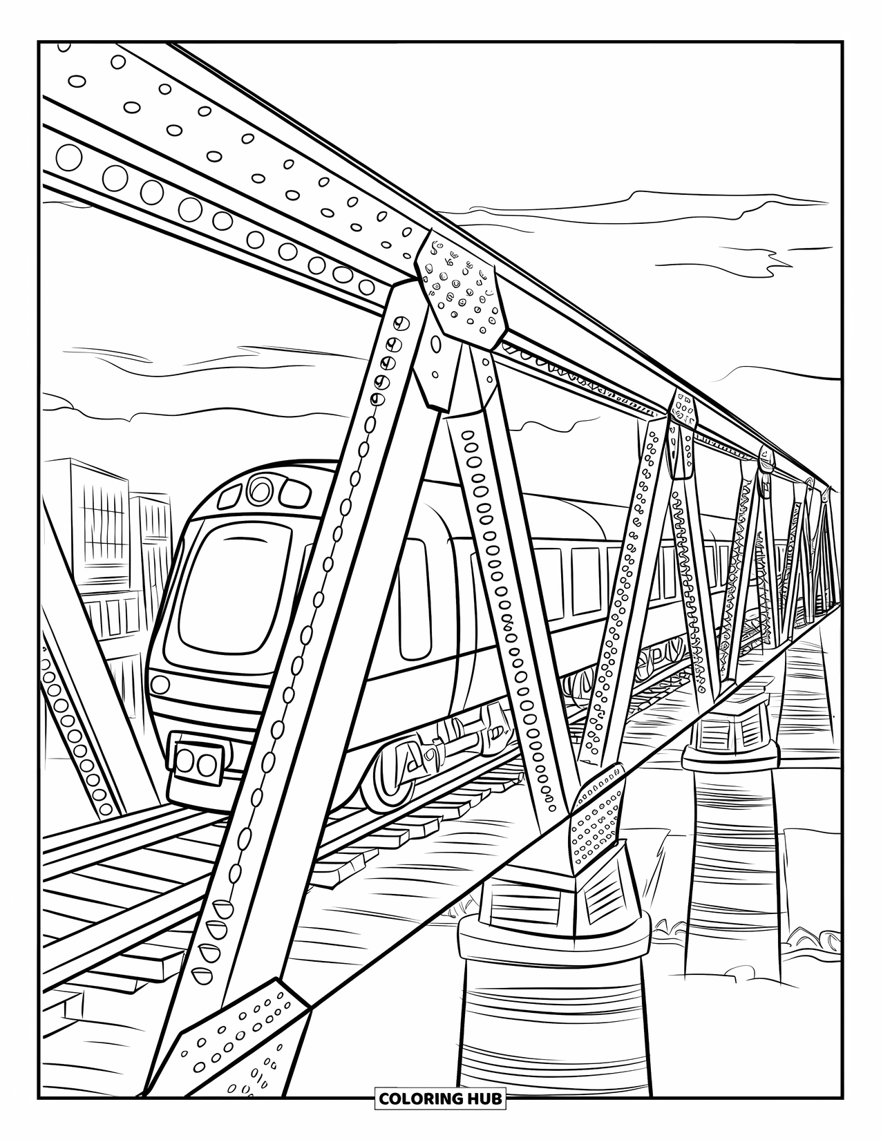 Trein Kleurplaat voor Kinderen: Een stalen brug met torenhoge balken draagt een trein hoog boven het water en ruige kliffen