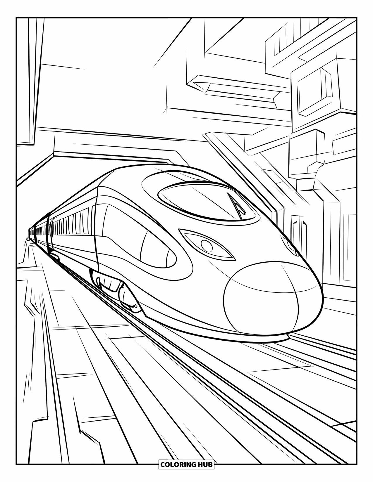 Trein Kleurplaat voor Kinderen: Een gestroomlijnde trein beweegt door een modern stadsbeeld vol hoge, uniek ontworpen gebouwen