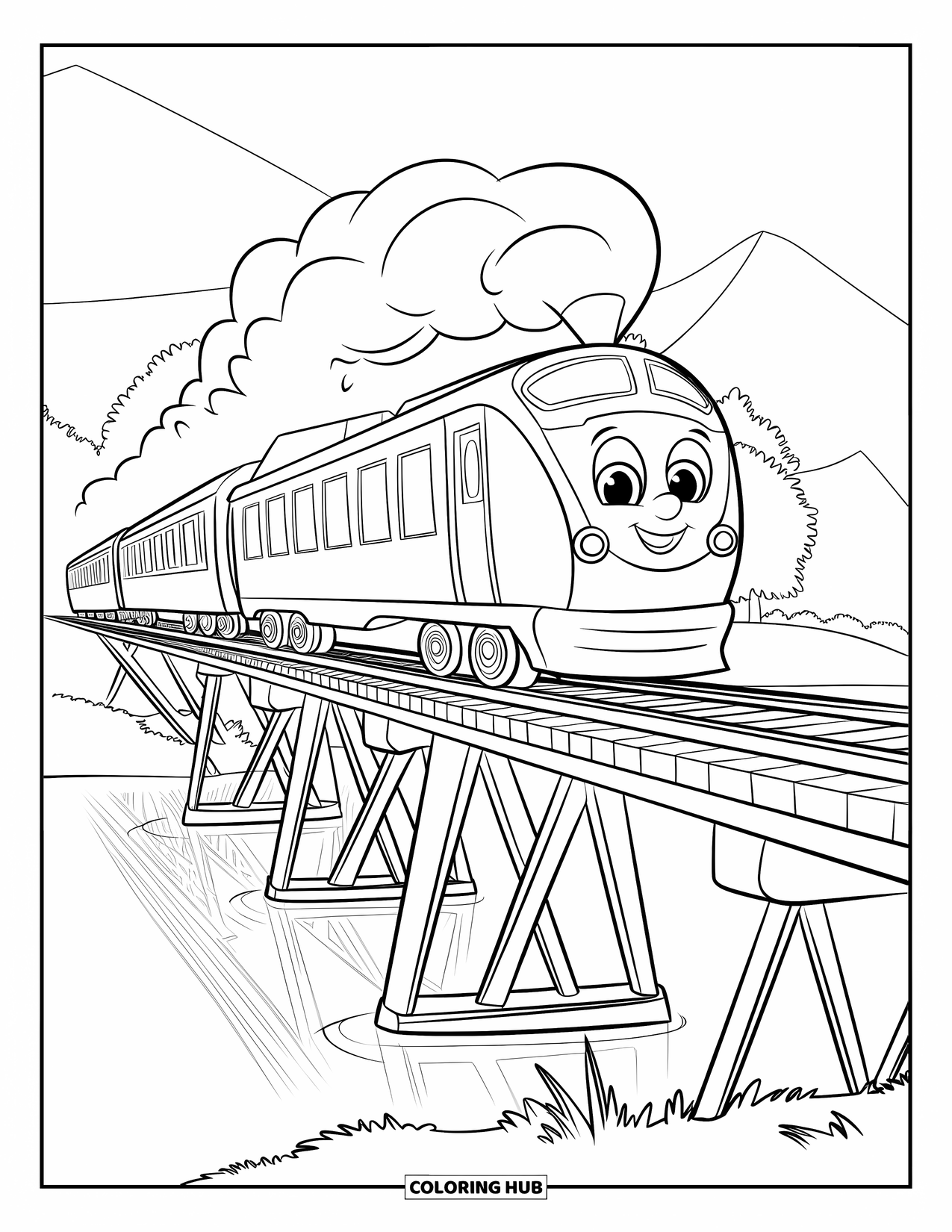 Trein Kleurplaat voor Kinderen: Een gedrongen trein met een vrolijk gezicht steekt een brede houten brug over kalm, reflecterend water over