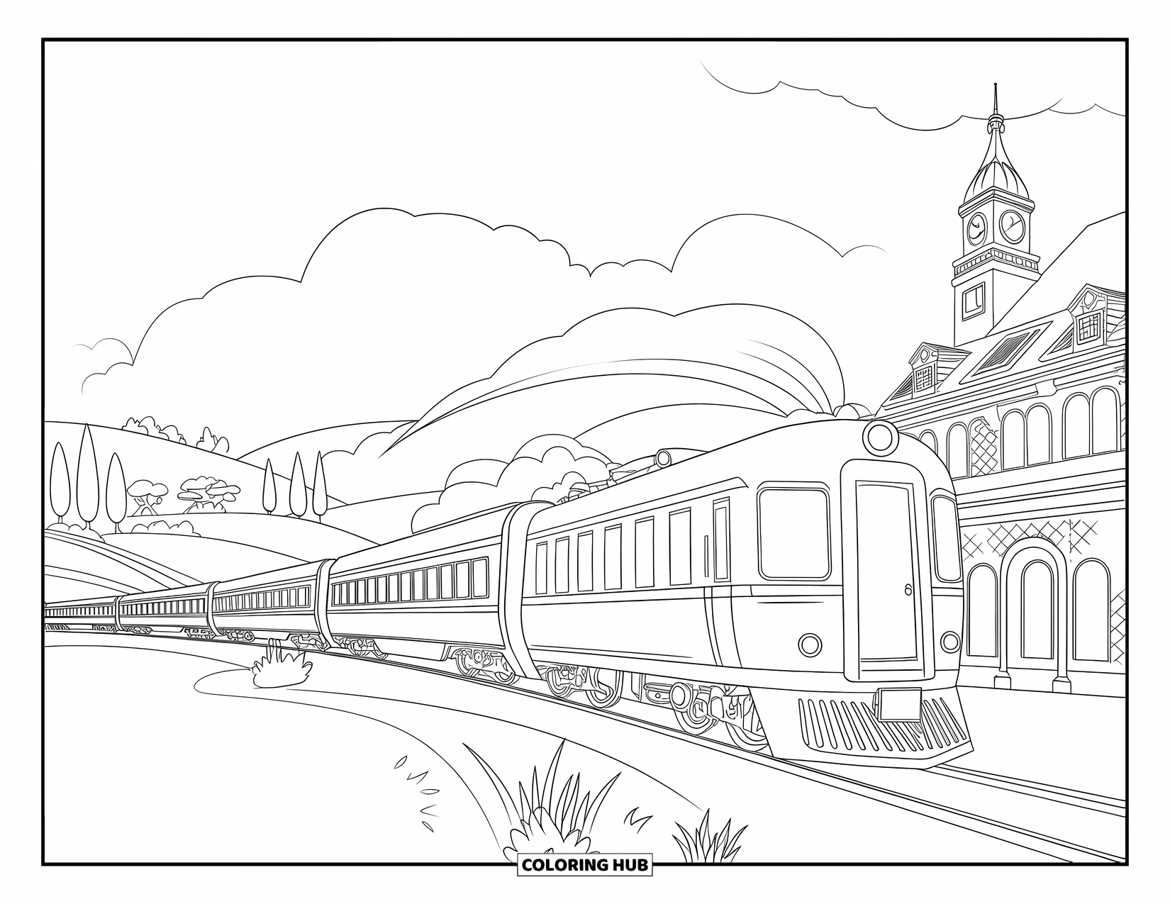 Trein Kleurplaat voor Kinderen: Een stijlvolle trein rijdt langs een brug en een klokkentoren, omringd door weelderige landschappen