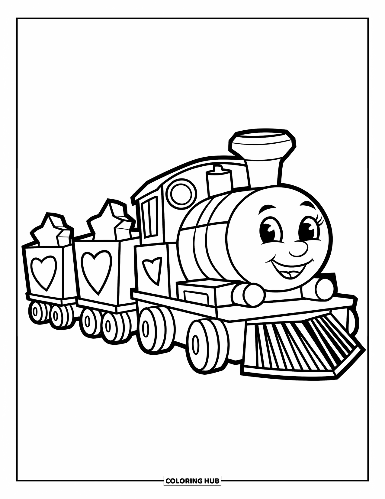 Trein Kleurplaat voor Kinderen: Een speelgoedtrein met drie vierkante wagons vervoert speelse vormen zoals sterren en harten op zijn reis